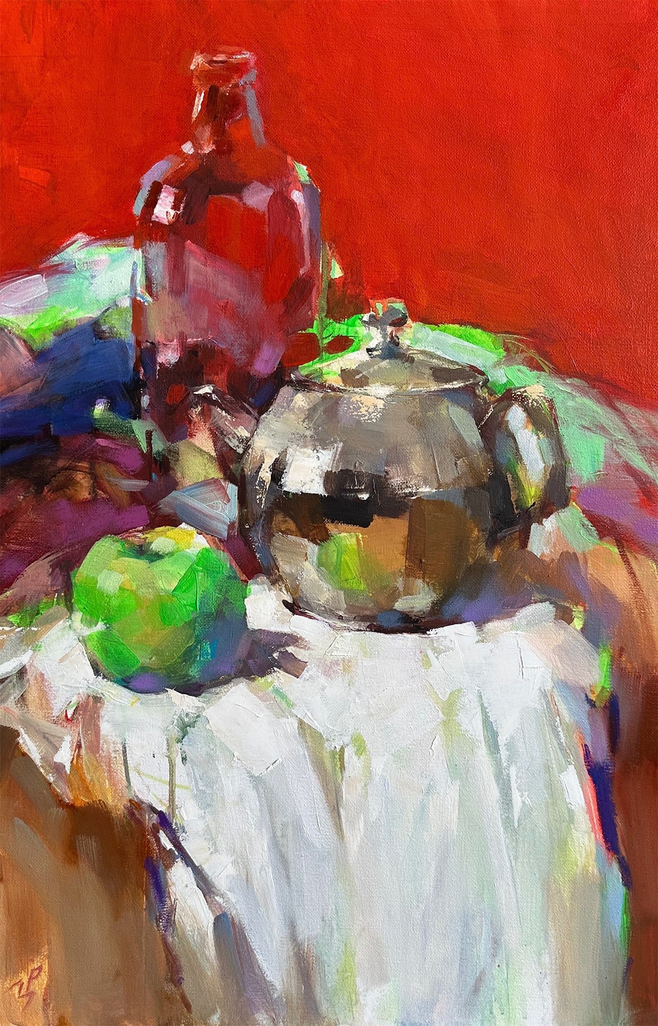 Oil still life painting Green apple Ivan T.: Title: Oil still life painting Green apple Ivan T. Description: 1IT Painter: Ivan T. Size: 60x40 cm/23.62x15.74 inches Components: oil, acrylic, canvas Original painting from our collection ERA: 2024