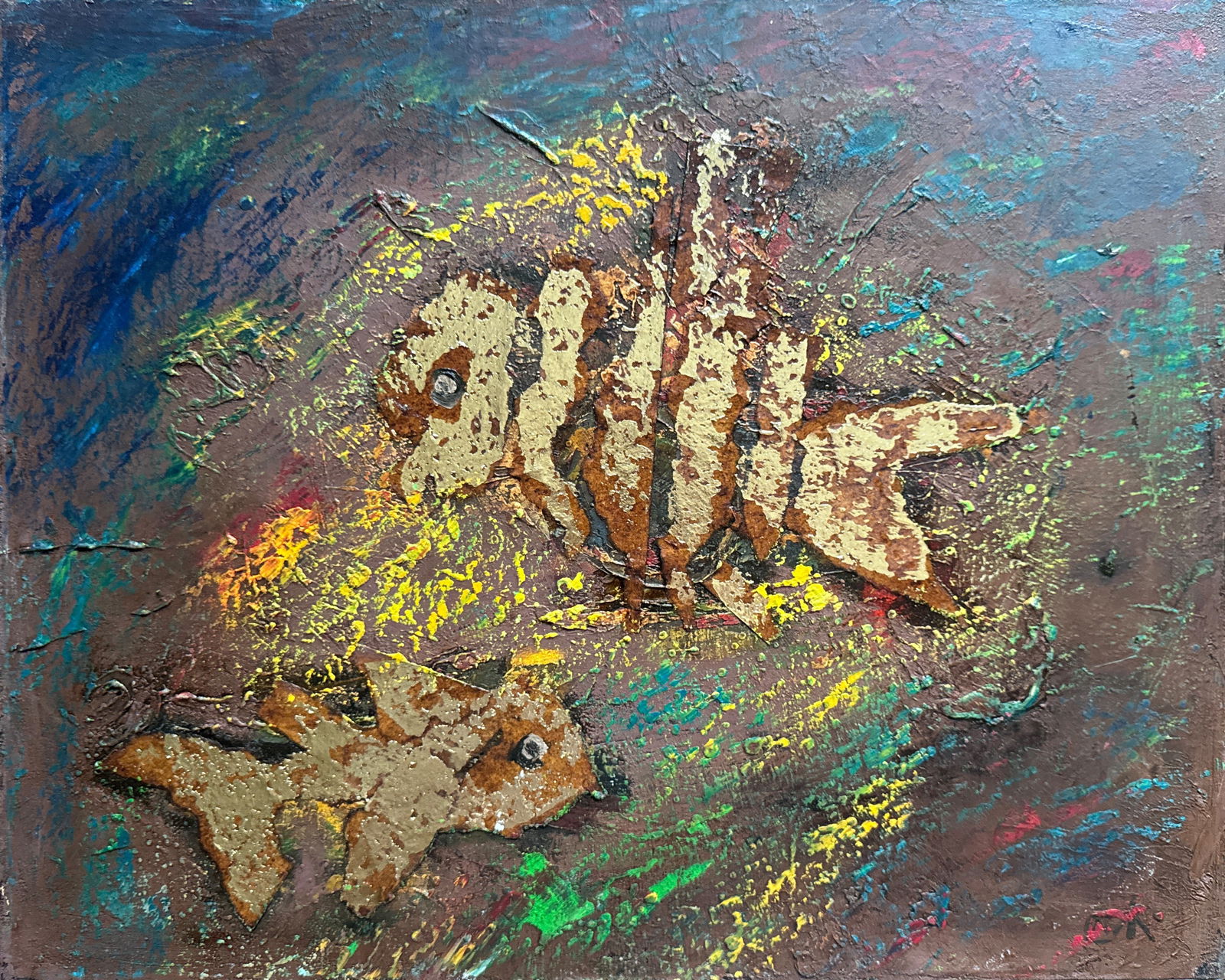 Abstract Oil painting with frame goldfish K. Leonid: Title: Abstract Oil painting with frame goldfish K. Leonid Description: 689KK Painter: K. Leonid Size: 40x50 cm/15.75x19.68 inches Components: oil, canvas, gilding Original painting CONDITION: exellen