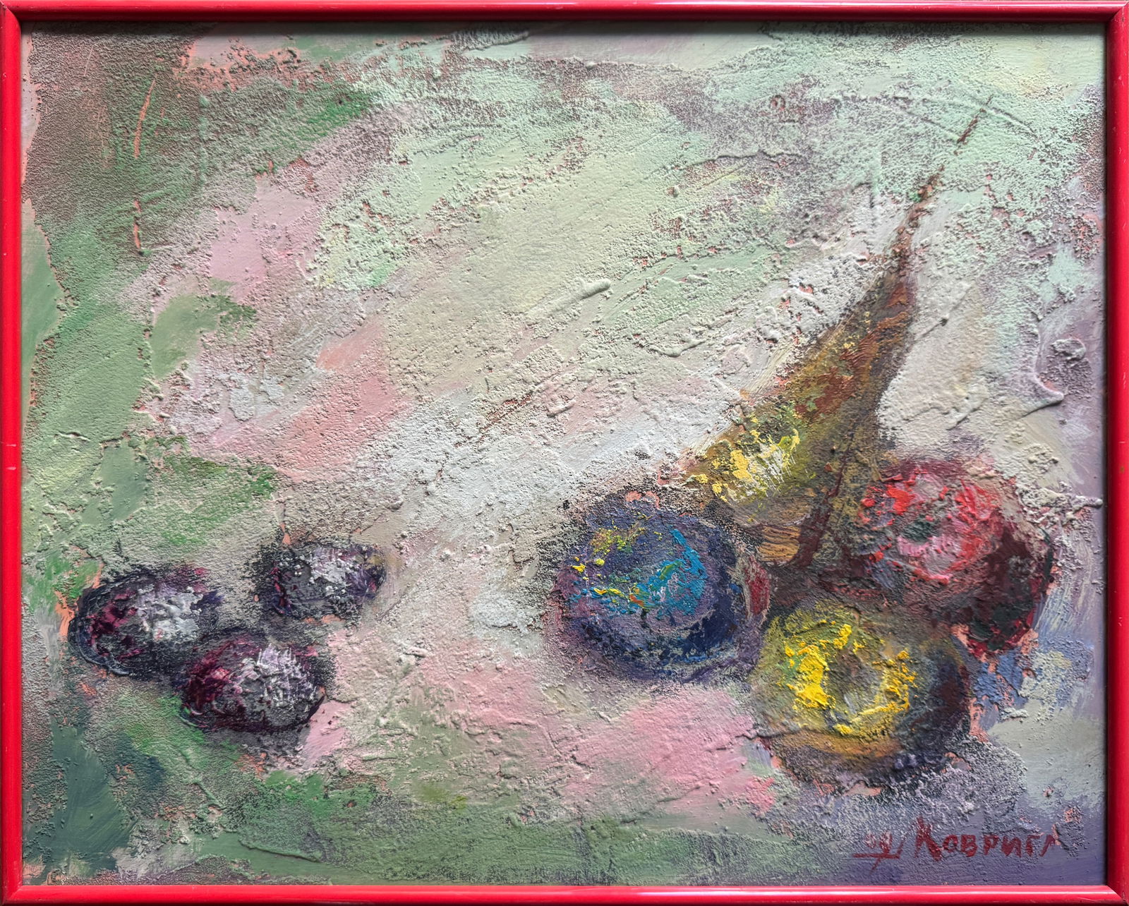 Acrylic painting with frame Fruit K. Leonid: Title: Acrylic painting with frame Fruit K. Leonid Description: 854KK Painter: K. Leonid Size: 40x50 cm/ 15.75x19.68 inches Components: acrylic, fiberboard Original painting CONDITION: exellent