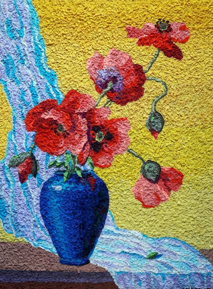 Handicraft Poppies: Title: Handicraft Poppies Description: 19Serd Painter: Size: 60x45 cm/23,62x17,71 inches Components: Fabric, glue, fiberboard Original Artwork from our collection ERA: 2023 Reserve: $290.00 