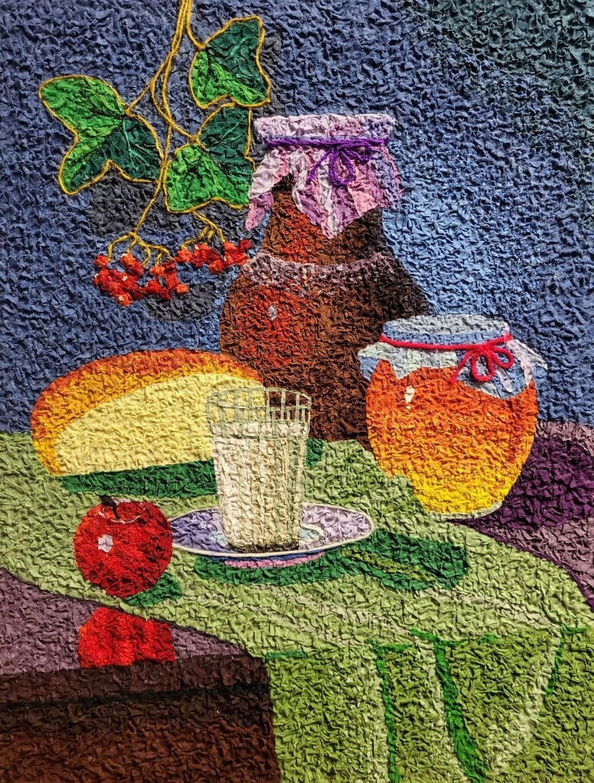 Handicraft Still life with honey: Title: Handicraft Still life with honey Description: 25Serd Painter: Size: 60x45 cm/23,62x17,71 inches Components: Fabric, glue, fiberboard Original Artwork from our collection ERA: Reserve: