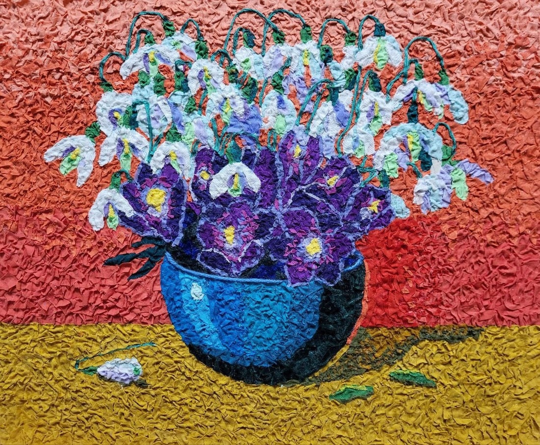 Handicraft Primroses: Title: Handicraft Primroses Description: 35Serd Painter: Size: 33,5x40,5 cm/13,19x15,94 inches Components: Fabric, glue, fiberboard Original Artwork from our collection ERA: Reserve: $250.00 S