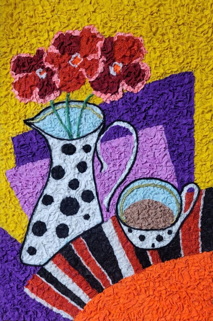 Handicraft A cup of tea: Title: Handicraft A cup of tea Description: 50Serd Painter: Size: 38,5x25,5 cm/15,16x10,04 inches Components: Fabric, glue, fiberboard Original Artwork from our collection ERA: Reserve: $250.00
