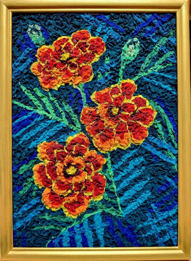 Handicraft Marigold: Title: Handicraft Marigold Description: 53Serd Painter: Size: 29,5x21 cm/11,61x8,27 inches Components: Fabric, glue, fiberboard Original Artwork from our collection ERA: Reserve: $140.00 Shippi