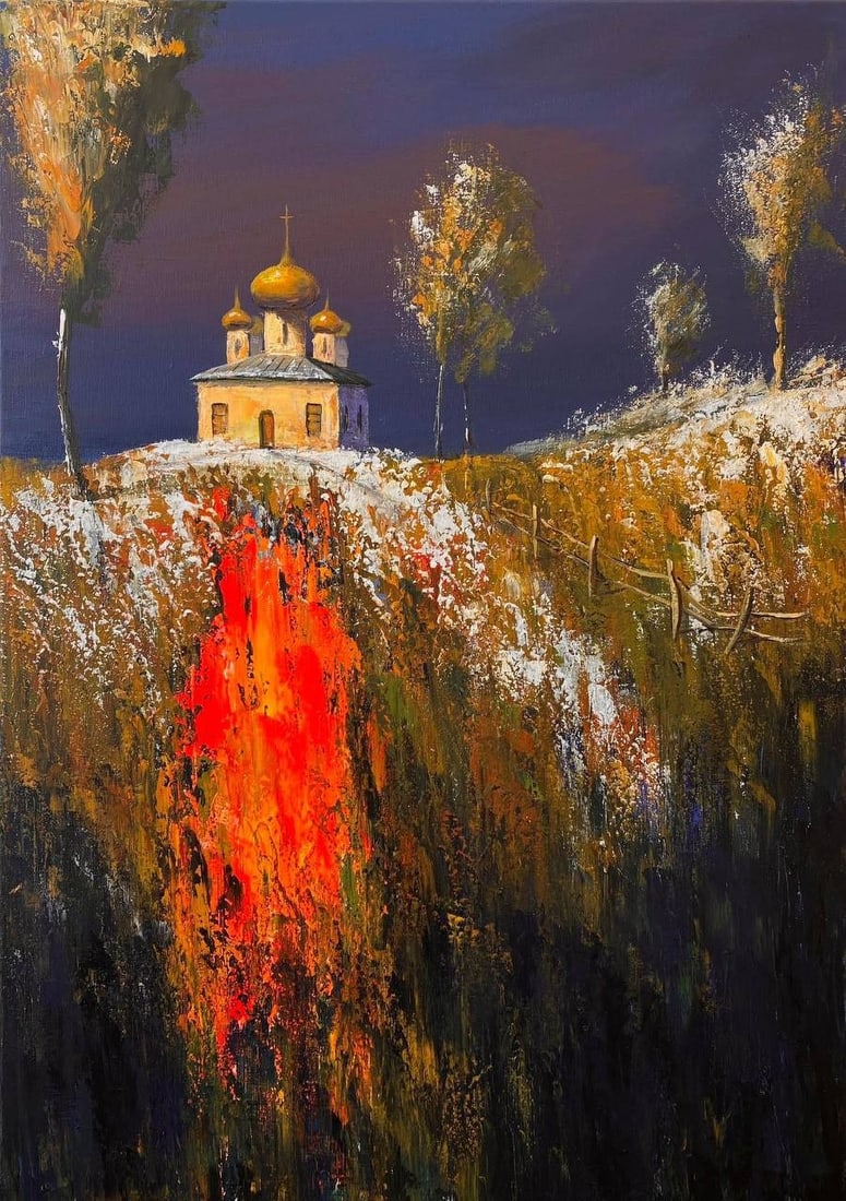 Acrylic painting First snow Igor Kutsenko: Title: Acrylic painting First snow Igor Kutsenko Description: 51Kut Painter: Igor Kutsenko Size: 70x50 cm/27,55x19,68 inches Components: Acrylic, canvas Original painting from our collection ERA: 2025