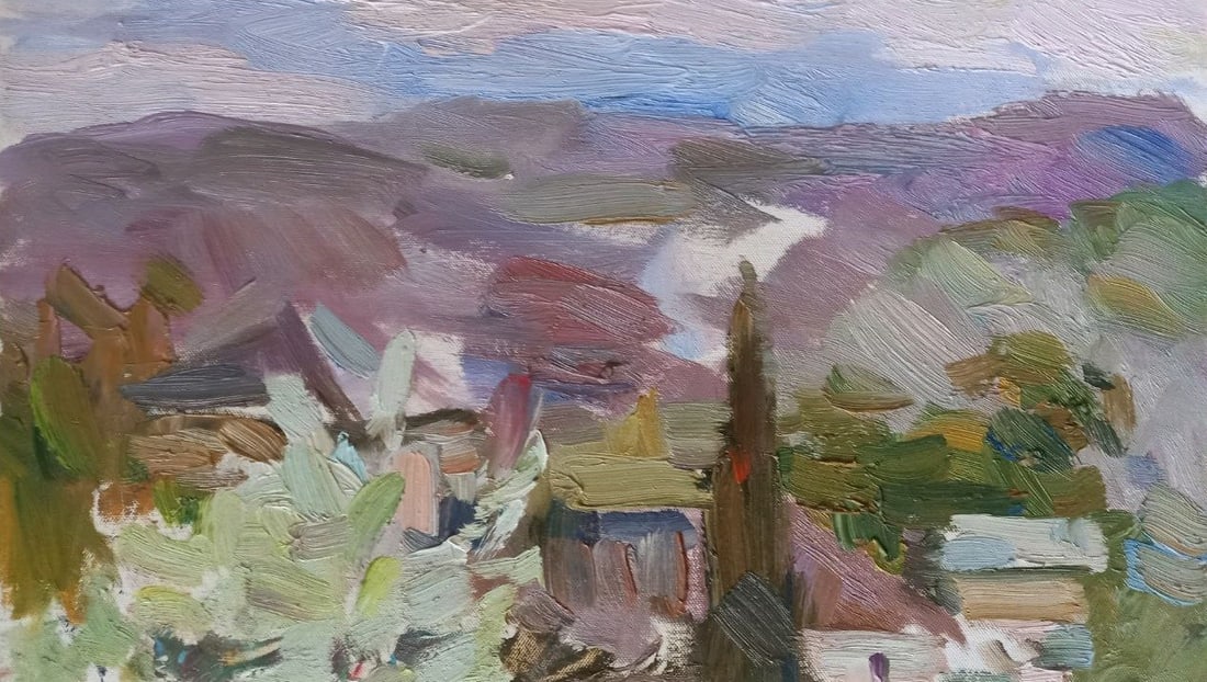 Oil painting spring motif Alex Ditriev: Title: Oil painting spring motif Alex Ditriev Description: 49AD Painter: Alex Ditriev Size: 25x41.5 cm/9.8x16.3 inches Components: oil, cardboard Original painting from our collection ERA: Short