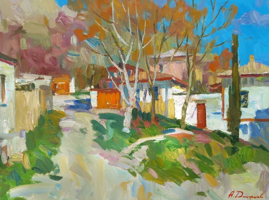 Oil painting mountain village Alex Ditriev: Title: Oil painting mountain village Alex Ditriev Description: 63AD Painter: Alex Ditriev Size: 60x80 cm/23.6x31.5 inches Components: oil, canvas Original painting from our collection ERA: Short