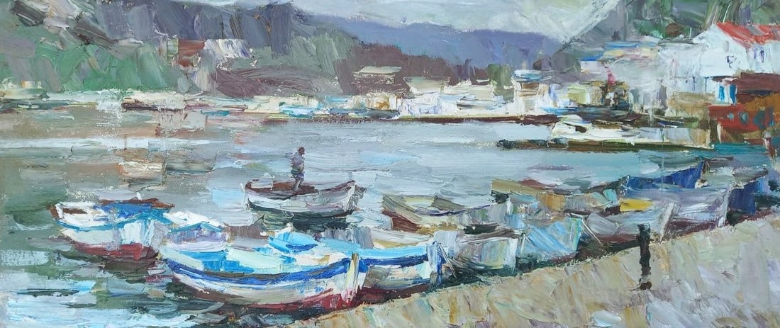 Oil painting boats Alex Ditriev: Title: Oil painting boats Alex Ditriev Description: 71AD Painter: Alex Ditriev Size: 67x29 cm/26.4x11.4 inches Components: oil, cardboard Original painting from our collection ERA: Short information: