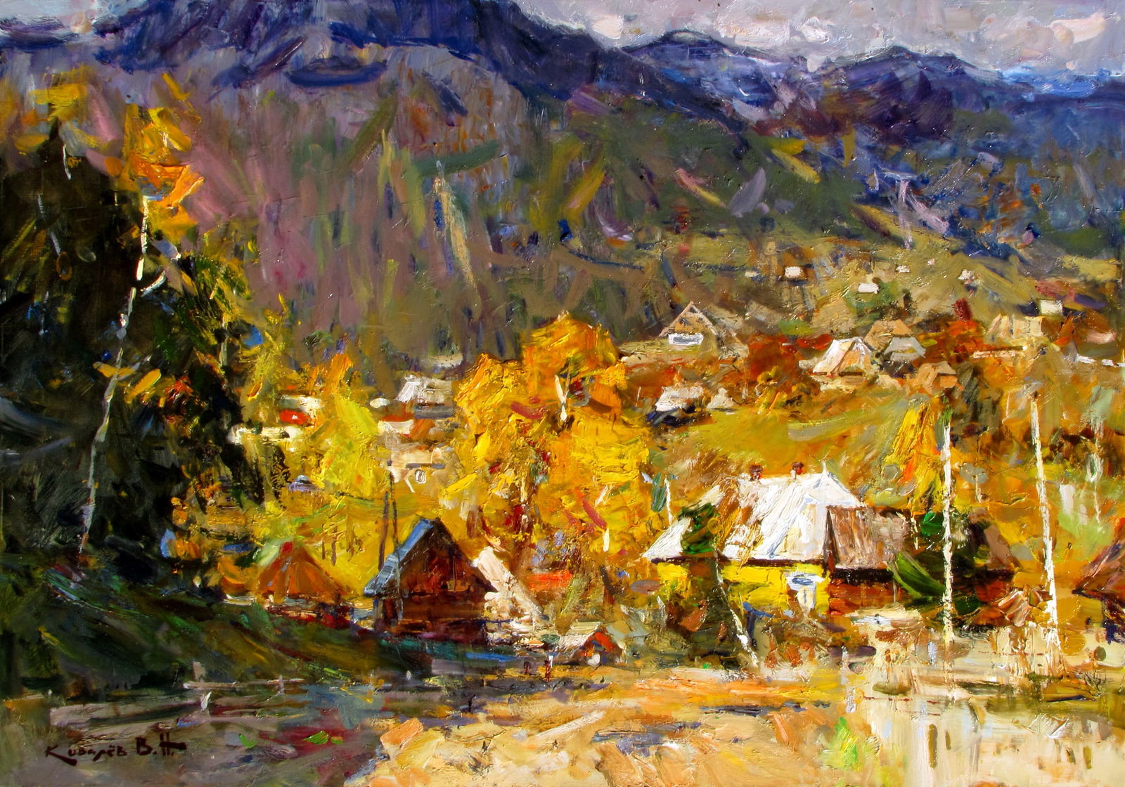 Oil painting Autumn in the Carpathians Ukrainian Artist: Title: Oil painting Autumn in the Carpathians Ukrainian Artist Description: 11KV Painter: Kovaliov V. Size: 70x100 cm/27.6x39.4 inches Components: oil, canvas Original painting from our collection