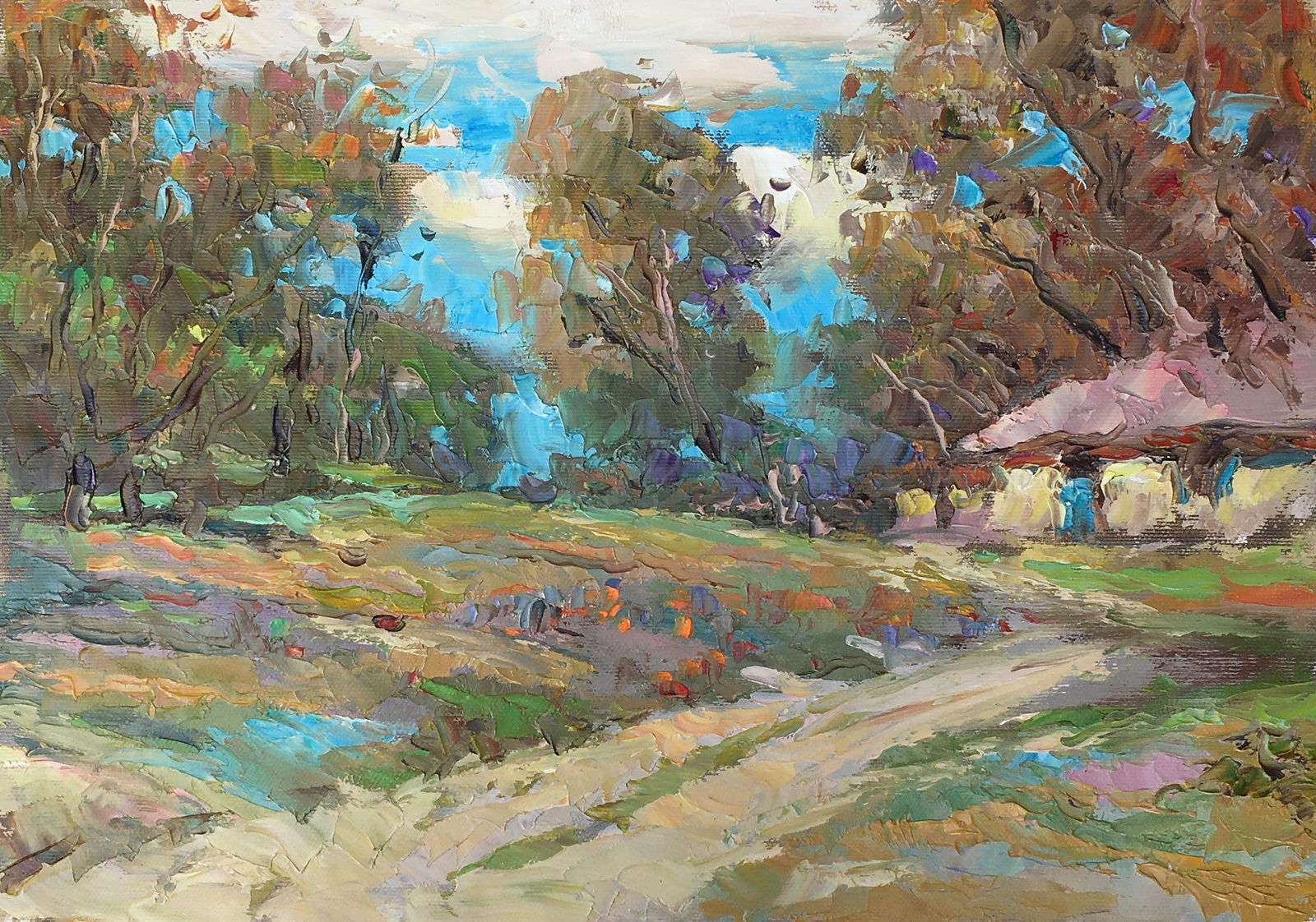 Oil painting Rural road Sergey Ivanovich Animov: Title: Oil painting Rural road Sergey Ivanovich Animov Description: 237DDD Painter: Sergey Ivanovich Animov Size: 26,5x38 cm/10,43x14,96 inches Components: canvas, oil Original painting from our