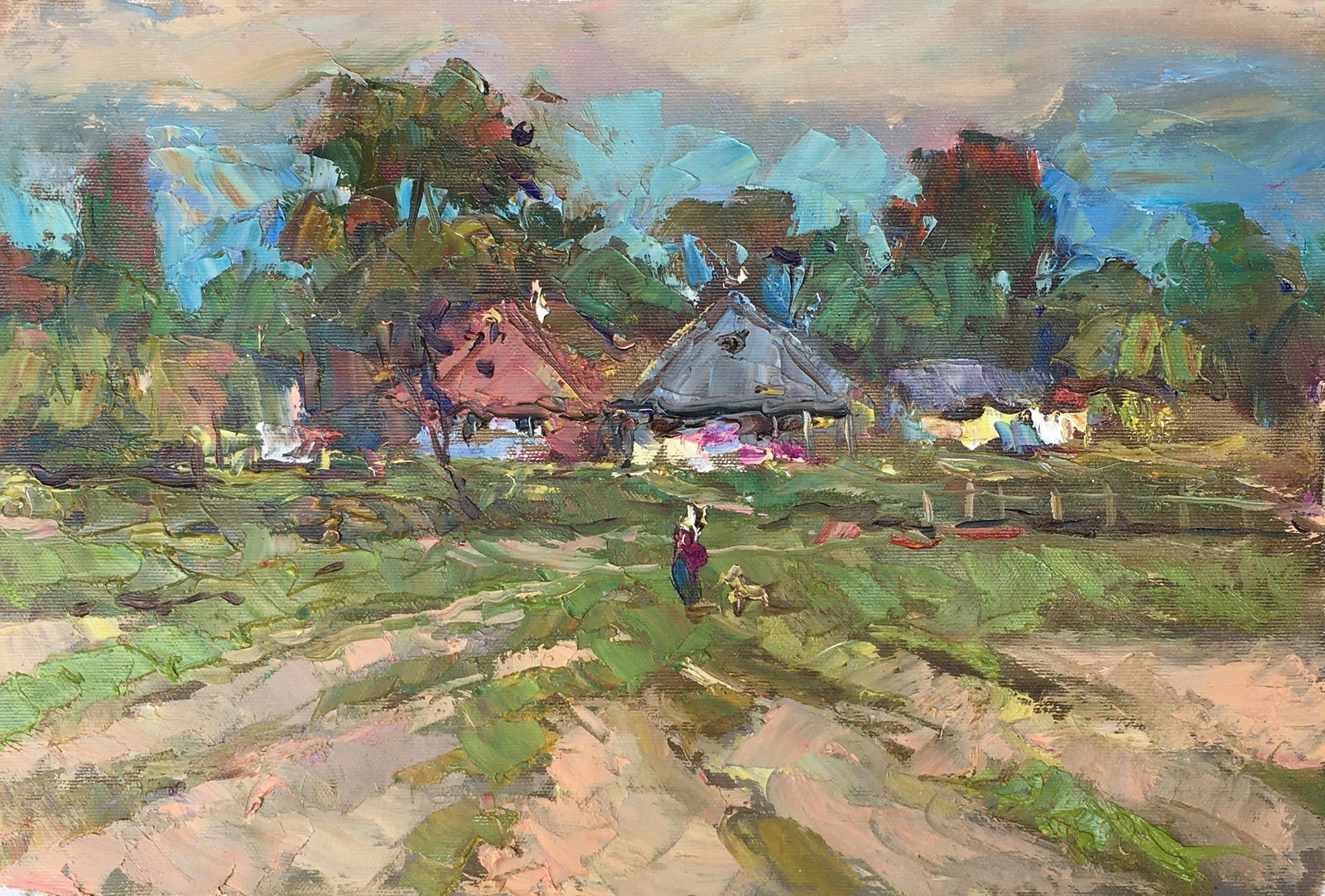 Oil painting Outside the village Sergey Ivanovich Animov: Title: Oil painting Outside the village Sergey Ivanovich Animov Description: 238DDD Painter: Sergey Ivanovich Animov Size: 27x39,5 cm/10,63x15,55 inches Components: canvas, oil Original painting from