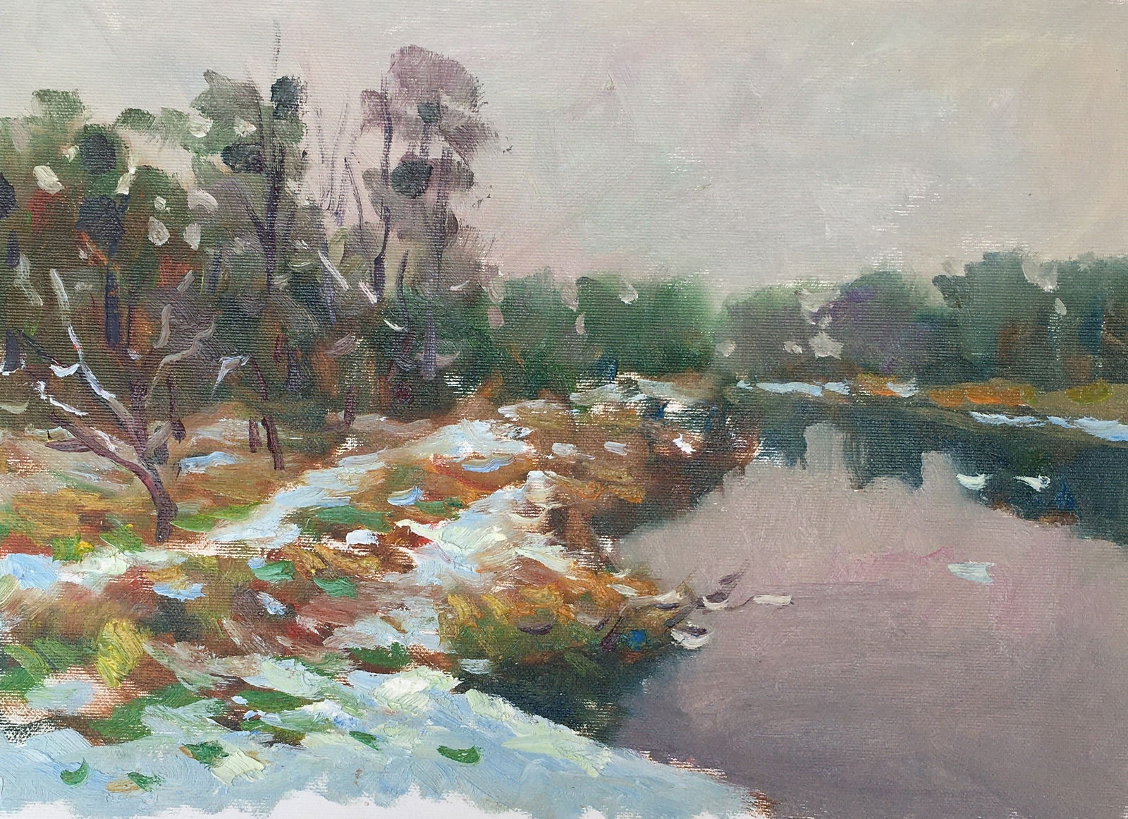 Oil painting First snow Sergey Ivanovich Animov: Title: Oil painting First snow Sergey Ivanovich Animov Description: 242DDD Painter: Sergey Ivanovich Animov Size: 26x38 cm/10,23x14,96 inches Components: canvas, oil Original painting from our