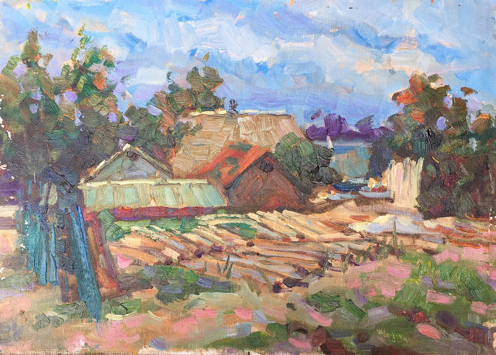 Oil painting Village yard Sergey Ivanovich Animov: Title: Oil painting Village yard Sergey Ivanovich Animov Description: 244DDD Painter: Sergey Ivanovich Animov Size: 31x45 cm/12,20x17,71 inches Components: canvas, oil Original painting from our
