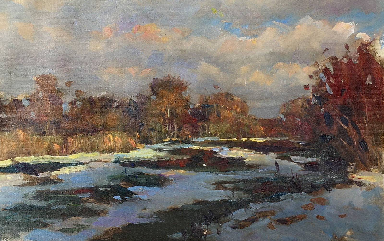 Oil painting Early spring Sergey Ivanovich Animov: Title: Oil painting Early spring Sergey Ivanovich Animov Description: 246DDD Painter: Sergey Ivanovich Animov Size: 26x39 cm/10,23x15,35 inches Components: canvas, oil Original painting from our