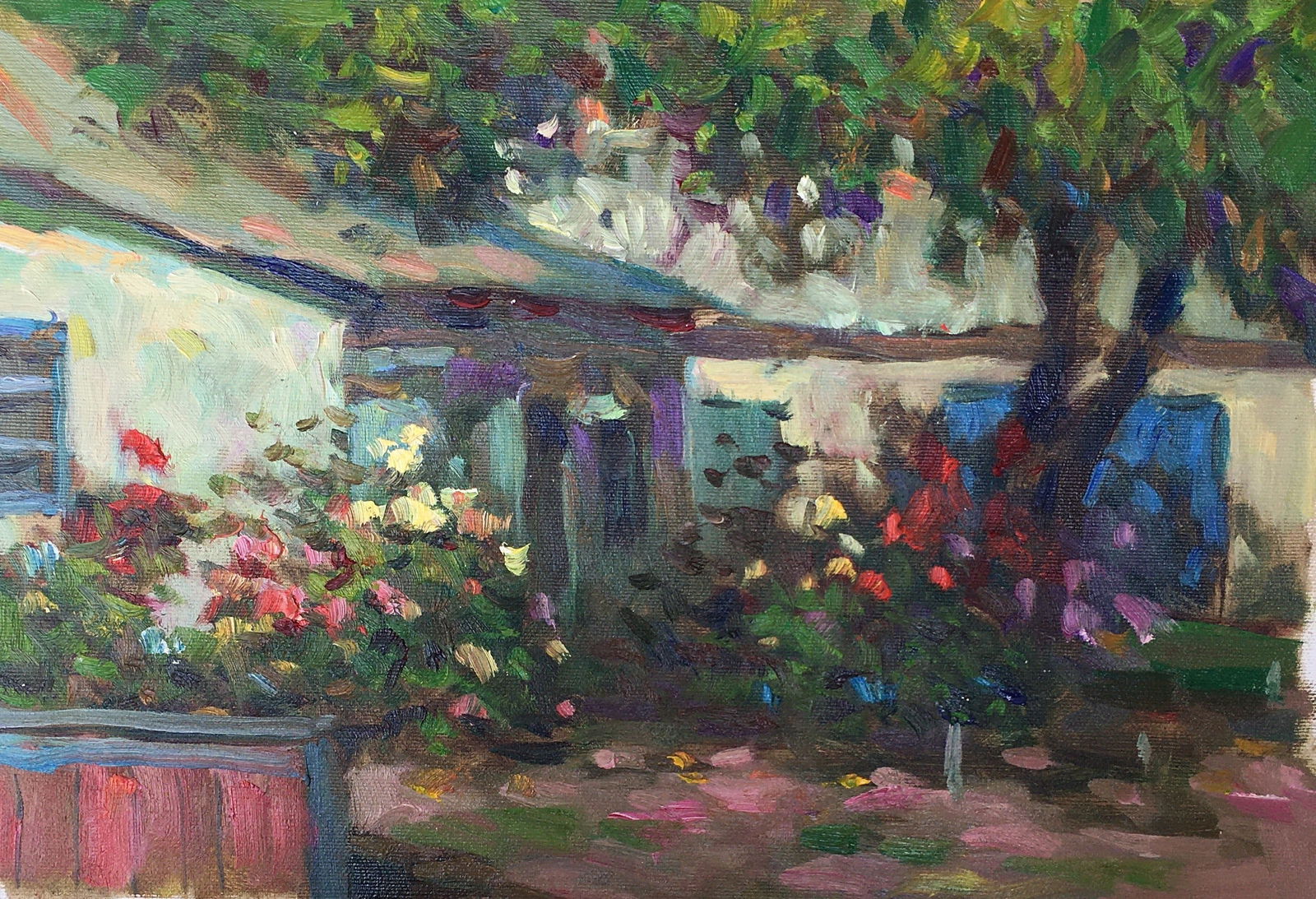 Oil painting In a rural yard Sergey Ivanovich Animov: Title: Oil painting In a rural yard Sergey Ivanovich Animov Description: 248DDD Painter: Sergey Ivanovich Animov Size: 26x39 cm/10,23x15,35 inches Components: canvas, oil Original painting from our