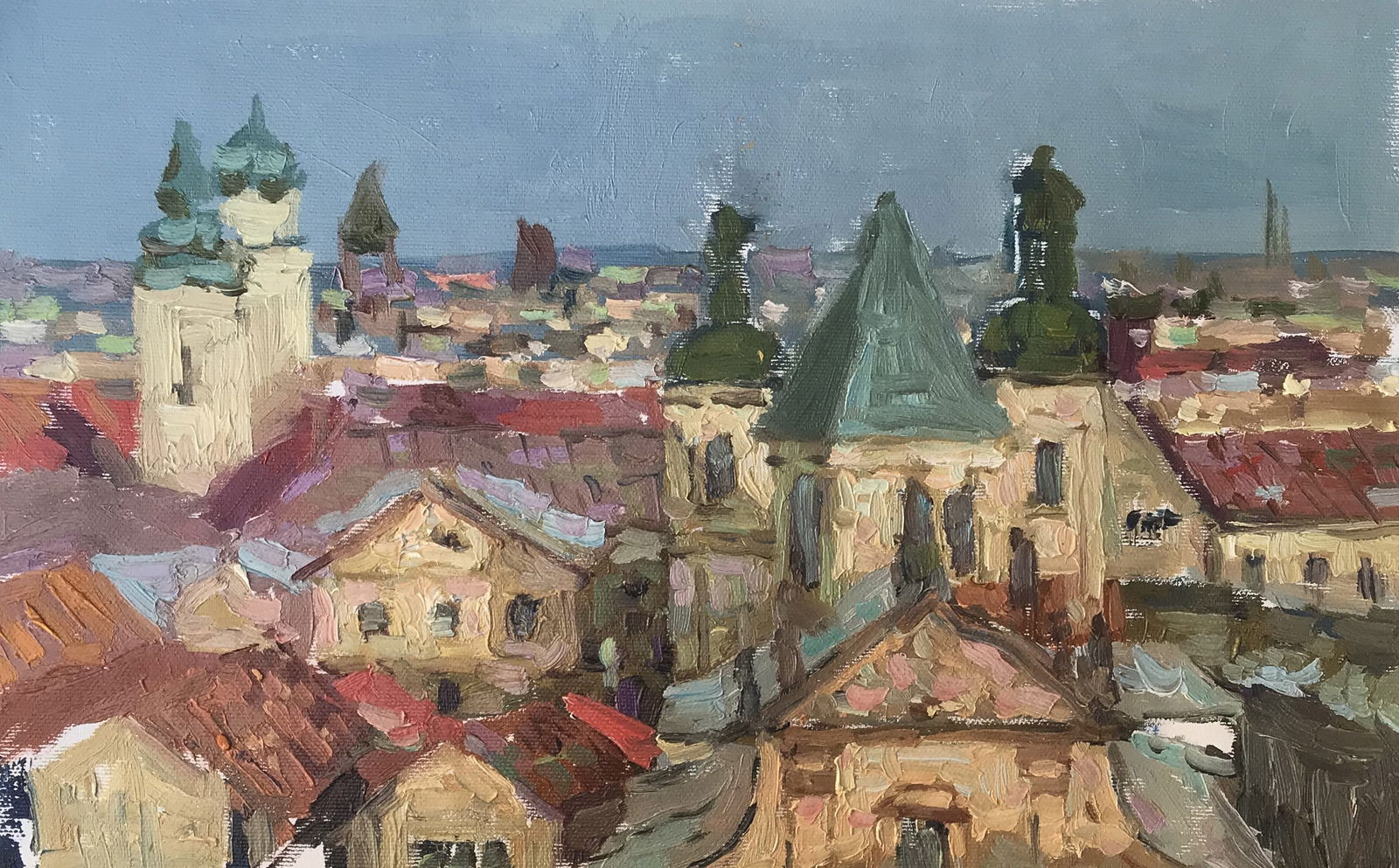Oil painting City roofs Sergey Ivanovich Animov: Title: Oil painting City roofs Sergey Ivanovich Animov Description: 261DDD Painter: Sergey Ivanovich Animov Size: 25x38 cm/9.84x14.96 inches Components: canvas, oil Original painting from our collecti