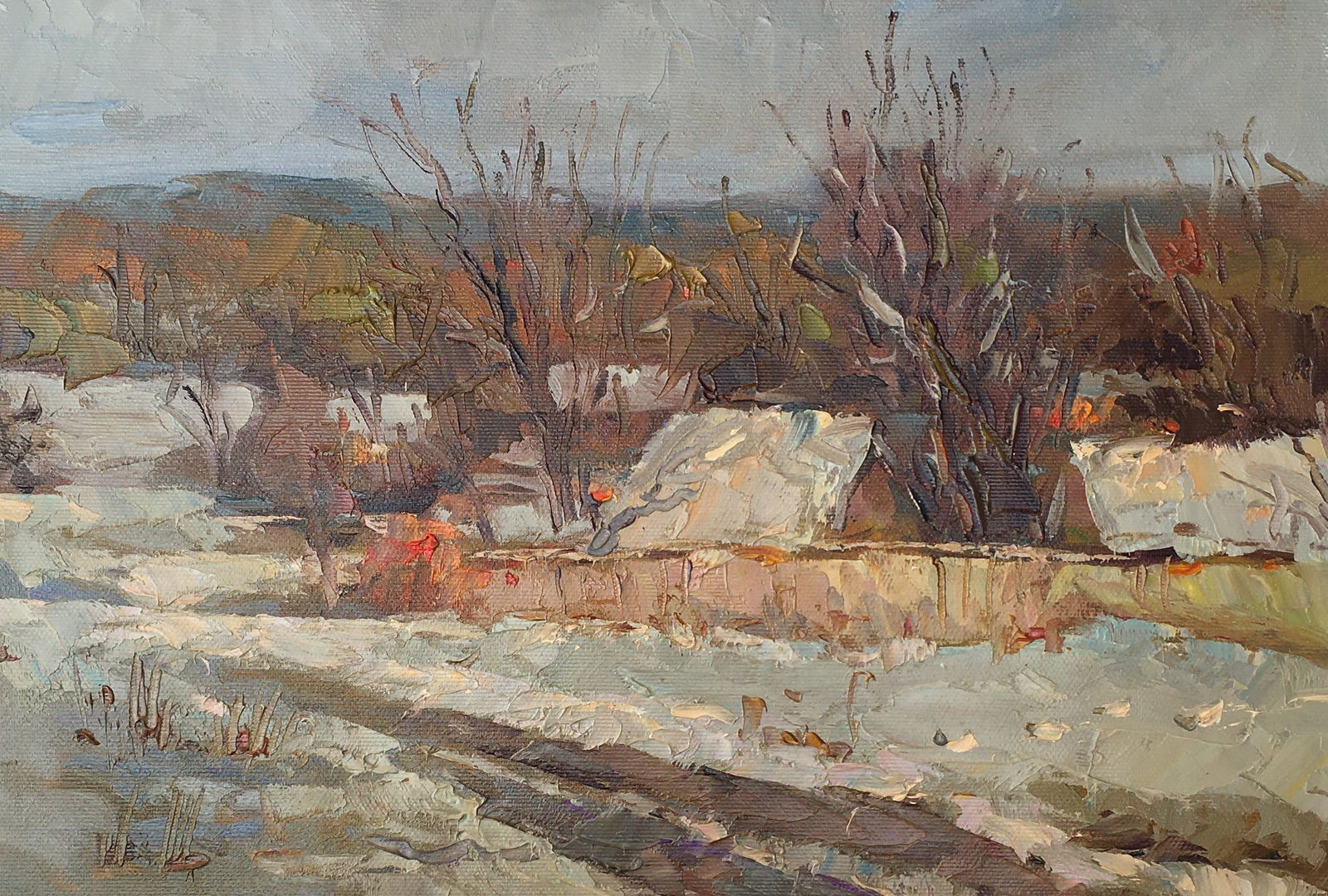 Oil painting Winter evening Sergey Ivanovich Animov: Title: Oil painting Winter evening Sergey Ivanovich Animov Description: 283DDD Painter: Sergey Ivanovich Animov Size: 25x37 cm/9,84x14,56 inches Components: canvas, oil Original painting from our coll