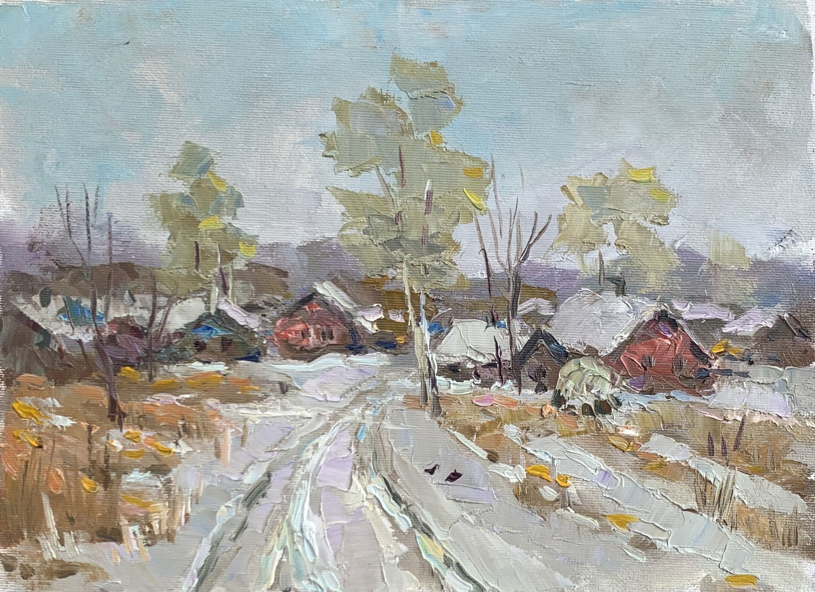 Oil painting Winter road Sergey Ivanovich Animov: Title: Oil painting Winter road Sergey Ivanovich Animov Description: 309DDD Painter: Sergey Ivanovich Animov Size: 25x35 cm/9,84x13,78 inches Components: canvas, oil Original painting from our