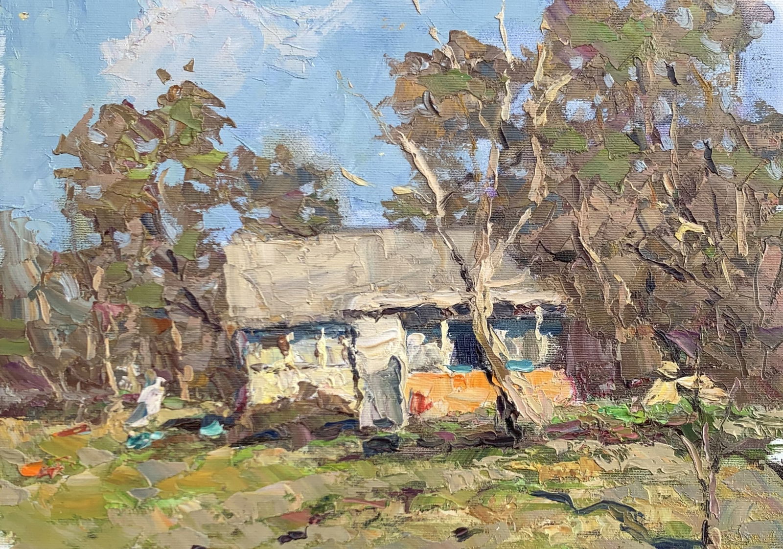 Oil painting Parents' yard Sergey Ivanovich Animov: Title: Oil painting Parents' yard Sergey Ivanovich Animov Description: 310DDD Painter: Sergey Ivanovich Animov Size: 27x35 cm/10,63x13,78 inches Components: canvas, oil Original painting from our