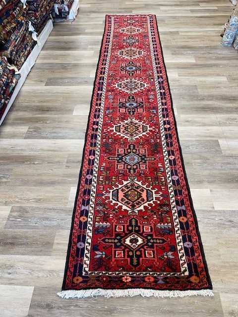 EXQUISITE PERSIAN HERIZ RUNNER 3'.9" X 10'.7": Title:EXQUISITE PERSIAN HERIZ RUNNER 3'.9" X 10'.7" Description:3'.9"X 10'.7" Fine Authentic Persian Heriz Runner,Geometric pattern , in Ivory, red rust and multi other accent colors,excellent conditi
