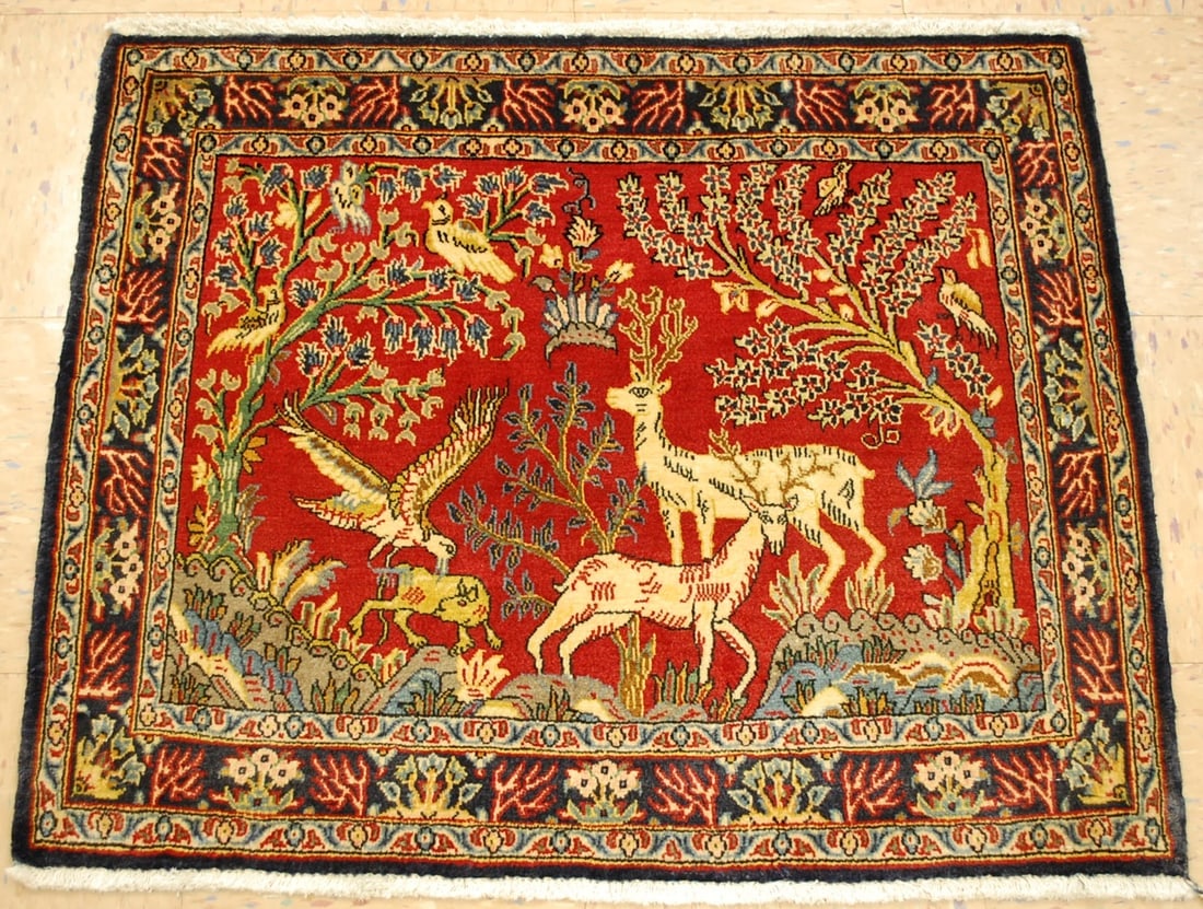 PERSIAN KASHAN RUG,2.6x3: Title: PERSIAN KASHAN RUG,2.6x3 Description:OLD,ANTIQUE ANIMAL SUBJECTS DESIGN FINE PERSIAN KASHAN ORIENTAL RUG.....HIGH KPSI..KORK wool woven on cotton foundation with a size of 2' 6" x 3'..........R
