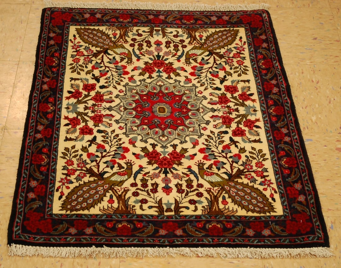 Persian BIJAR RUG ,2' 4" x 3' 3": Title:Persian BIJAR RUG ,2' 4" x 3' 3" Description: OLD,ANTIQUE HIGHLY DETAILED FINE HIGH KPSI Persian BIJAR ORIENTAL RUG WITH PEACOCK BIRD SUBJECTS........with exact size of 2' 4" x 3' 3"...........K