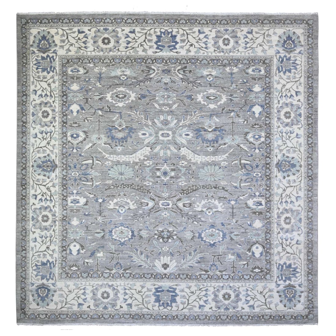 Magnetic Gray Fine Peshawar Heris Hand Knotted All Wool Square Rug: Title: Magnetic Gray Fine Peshawar Heris Hand Knotted All Wool Square Rug Description: This is a truly genuine one-of-a-kind. It has been Knotted for months and months in the centuries-old weaving cra