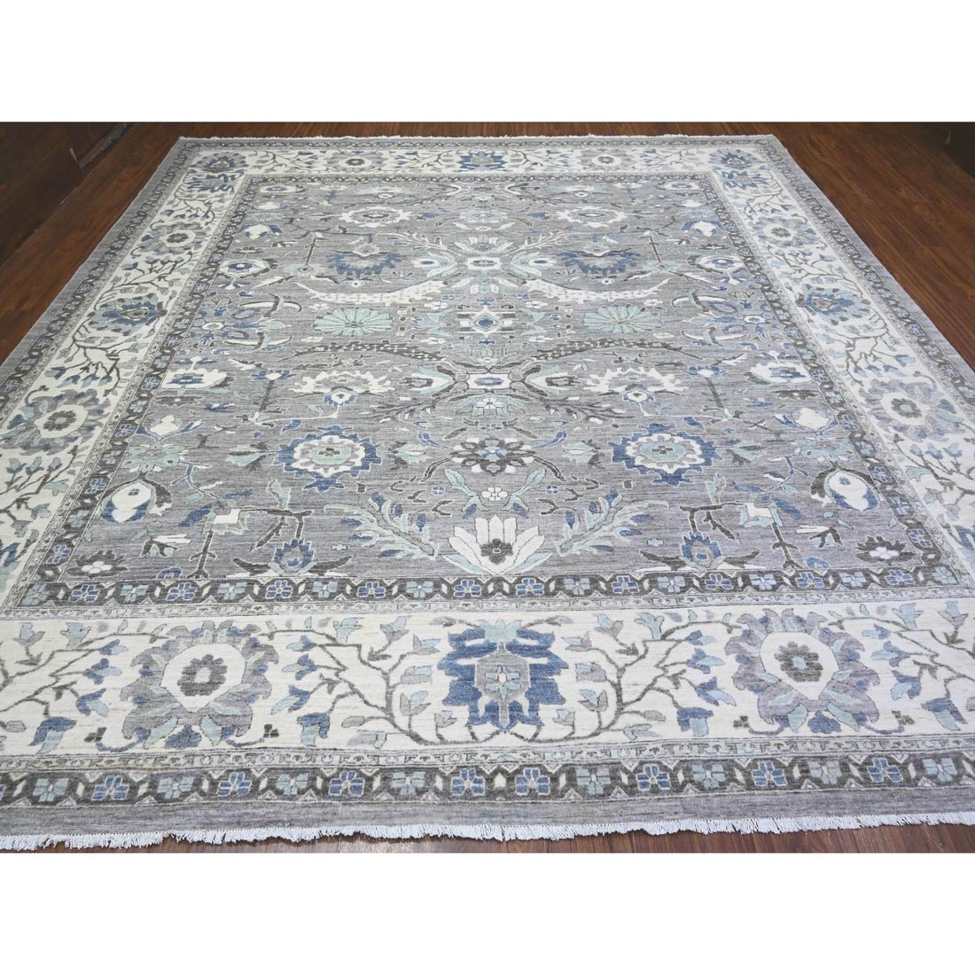 Magnetic Gray Fine Peshawar Heris Hand Knotted All Wool Square Rug - 2