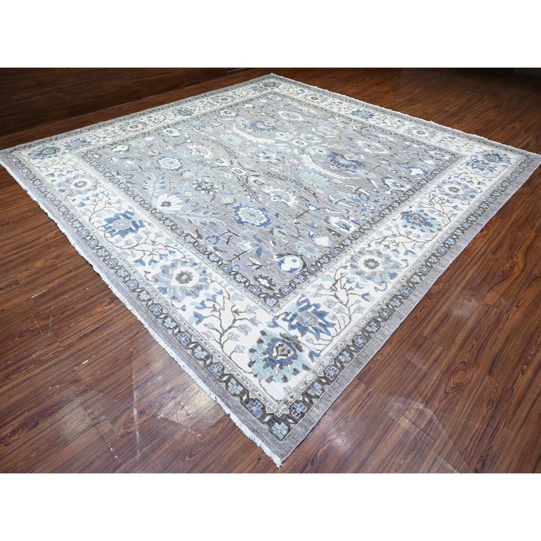 Magnetic Gray Fine Peshawar Heris Hand Knotted All Wool Square Rug - 3