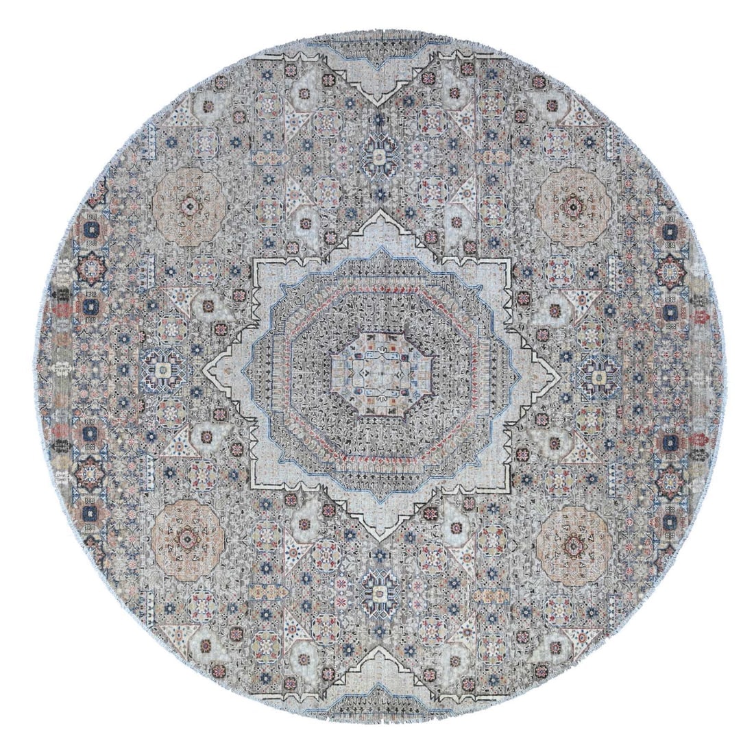 Concrete Gray Hand Knotted Wool Peshawar Mamluk Round Oriental Rug (1 of 11)