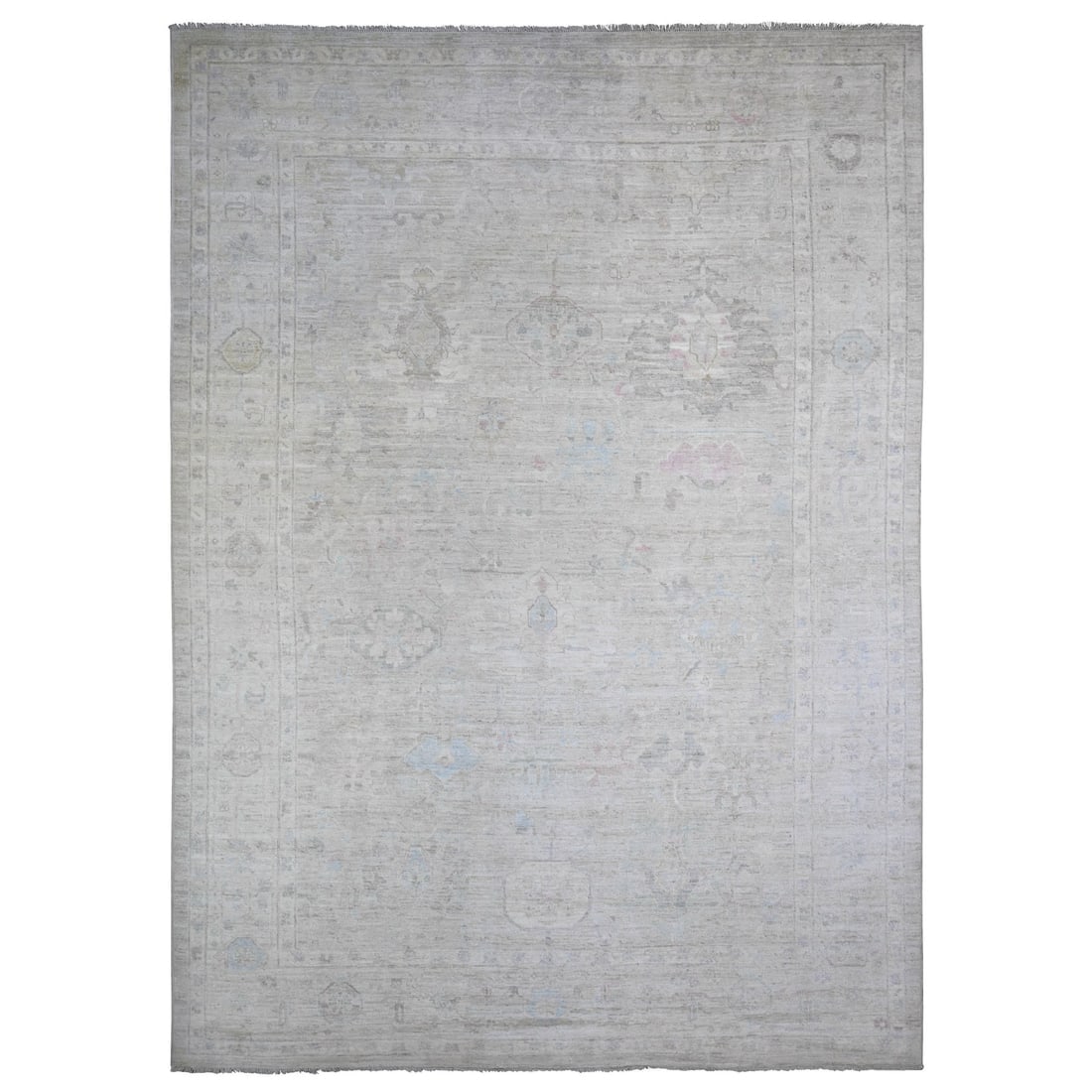 Moon Gray Faded Colors Afghan Angora Oushak All Wool Hand Knotted Rug: Title: Moon Gray Faded Colors Afghan Angora Oushak All Wool Hand Knotted RugDescription: This is a truly genuine one-of-a-kind. It has been Knotted for months and months in the centuries-old weaving