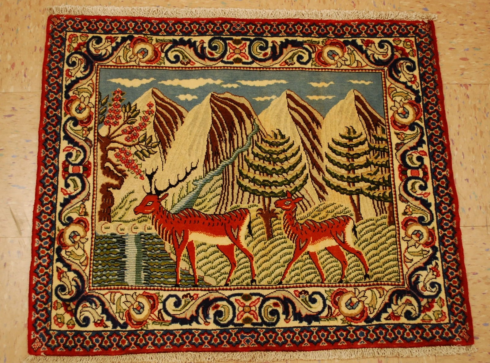 Persian TABRIZ RUG ,2.4x2.9: Title: Persian TABRIZ RUG ,2.4x2.9 Description:ANTIQUE DETAILED ANIMAL DEER SUBJECTS DESIGN FINE Persian TABRIZ RUG HIGH KPSI_KORK WOOL with exact size of 2' 4" x 2' 9" Wool woven on cotton foundation