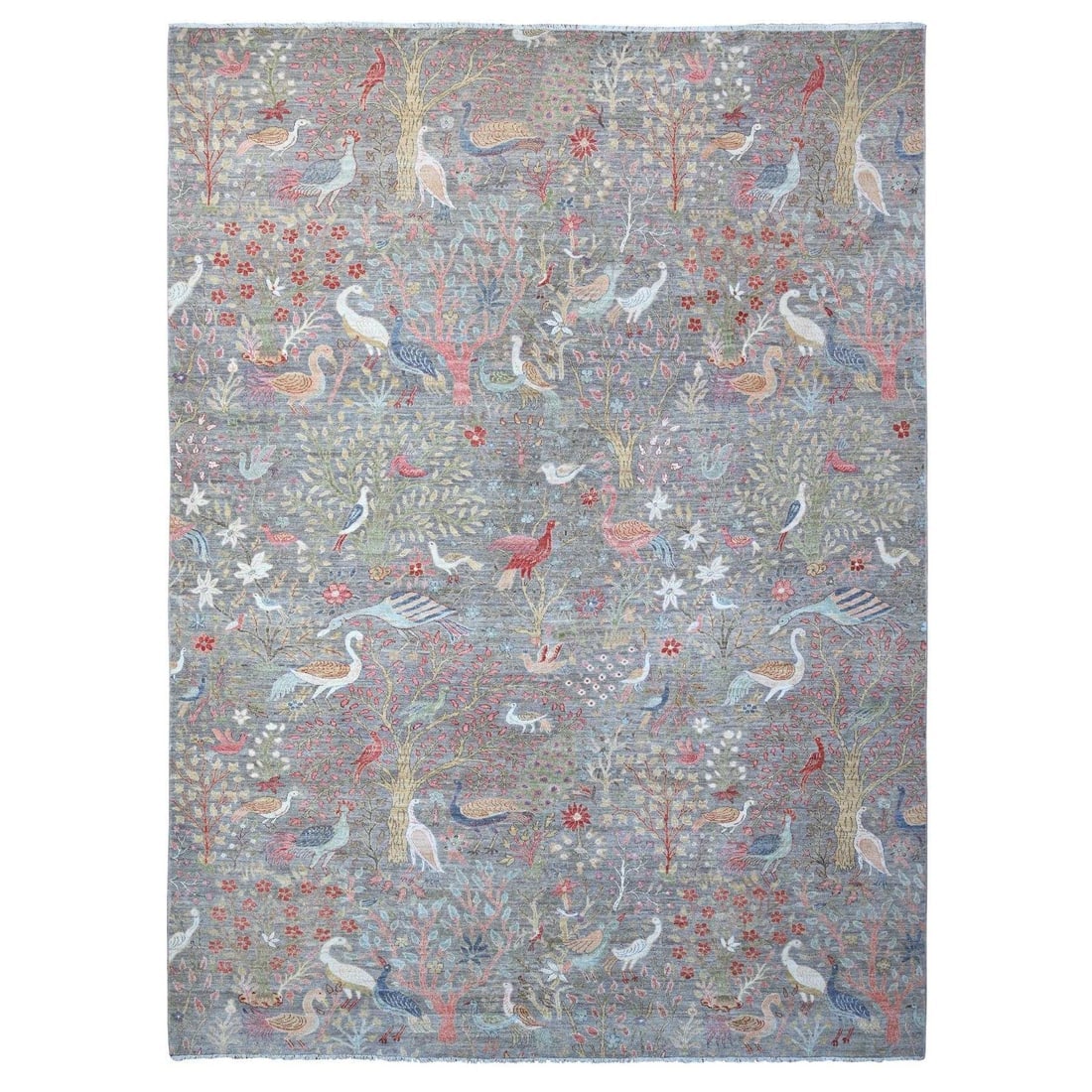 Gray Afghan Peshawar Birds Paradise Wool Hand Knotted Oriental Rug (1 of 11)