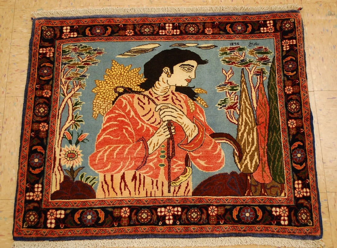 Persian BIJAR RUG,2'3" x 2'9": Title:Persian BIJAR RUG,2'3" x 2'9" Description:OLD,ANTIQUE HIGHLY DETAILED CLASSIC VILLAGE GIRL SIGNED PERSIAN BIJAR PICTORAL ORIENTAL RUG.....wool woven on cotton foundation with a size of