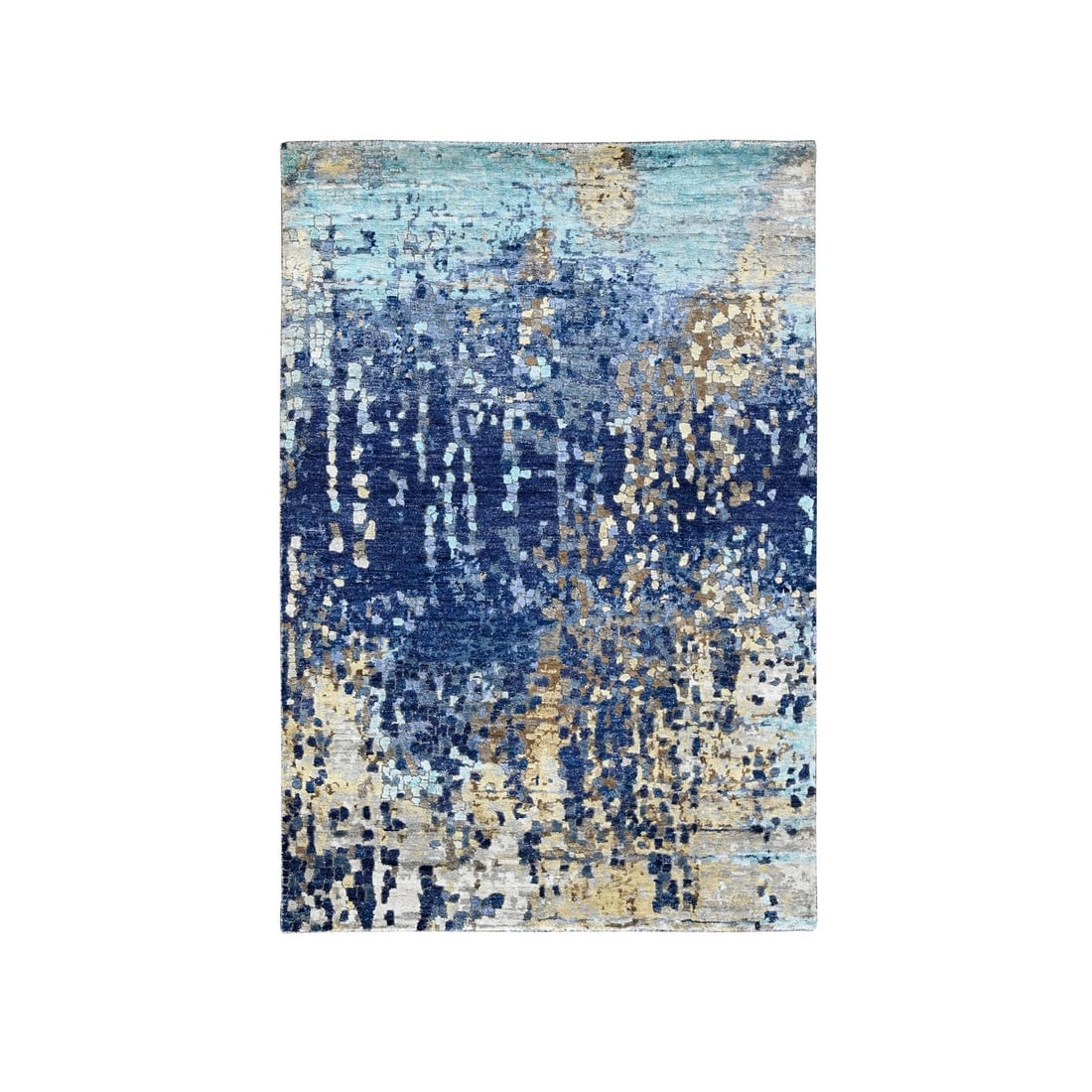 Millennium Blue Modern Mosaic Design Wool and Silk Hand Knotted Rug: Title: Millennium Blue Modern Mosaic Design Wool and Silk Hand Knotted RugDescription: This is a truly genuine one-of-a-kind. It has been Knotted for months and months in the centuries-old weaving