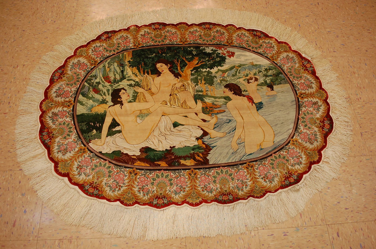 Persain QUME RUG, BATH OF DIANA ,3.6x4.10: Title: Persain QUME RUG, BATH OF DIANA ,3.6x4.10Description: HIGHLY DETAILED VERY FINE WOVEN IN FACT ONE OF THE FINEST I HAVE EVER SEEN SUPER HIGH KPSI (1100 APPROXIMATELY PER SQUARE INCHES PLEASE