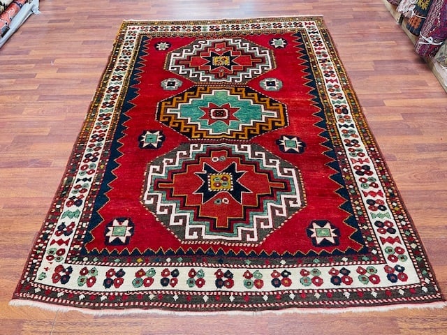 Large Size Lambalo Kazak Caucasian-2227: Title:Large Size Lambalo Kazak Caucasian-2227Description:Powerful antique Lambalo Kazak Caucasian from southwest caucasian, size 5 ft, 6 inches by 8 ft, circa 1900, in excellent condition with all