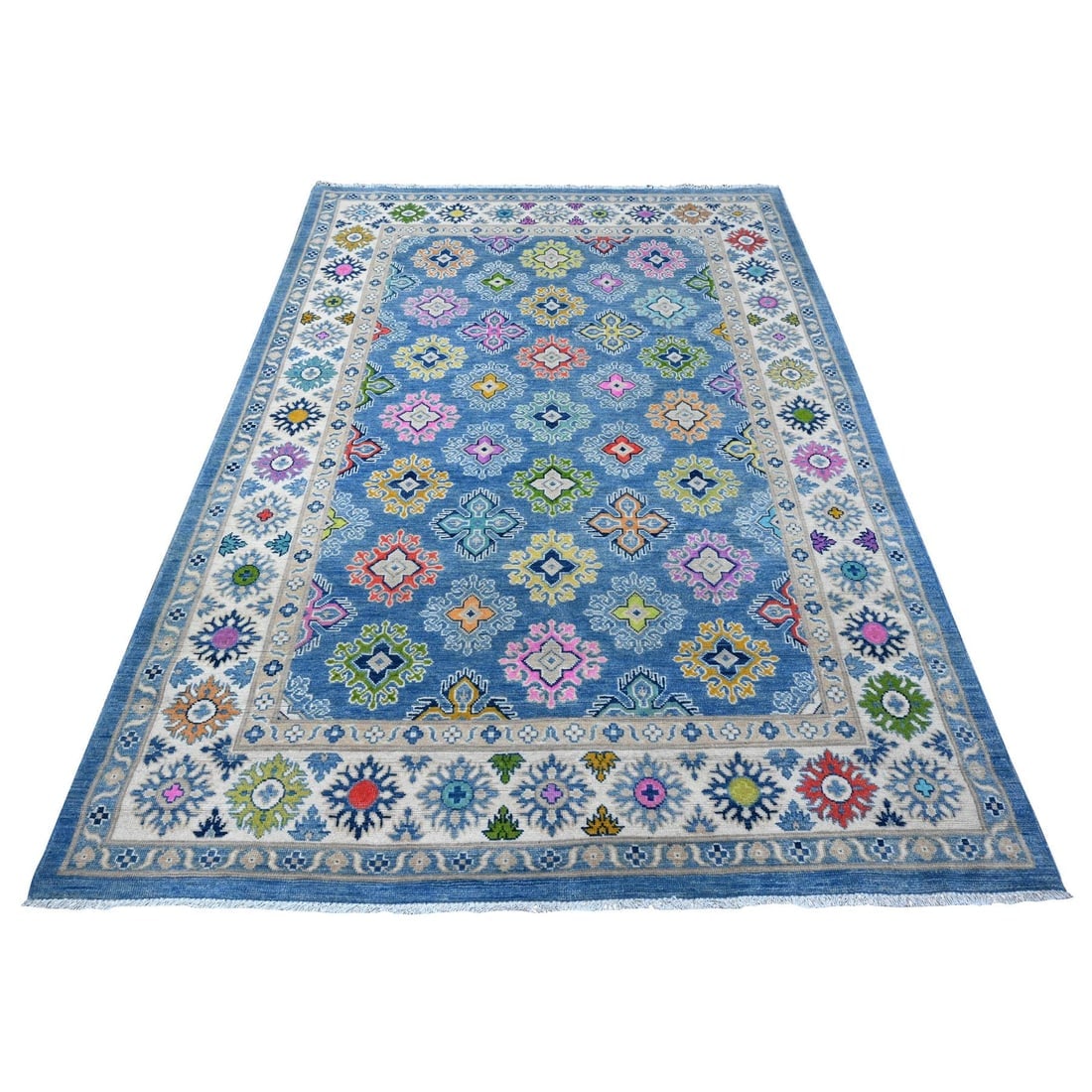 Blue And Ivory Fusion Kazak With Soft Organic Wool Oriental Rug (1 of 6)
