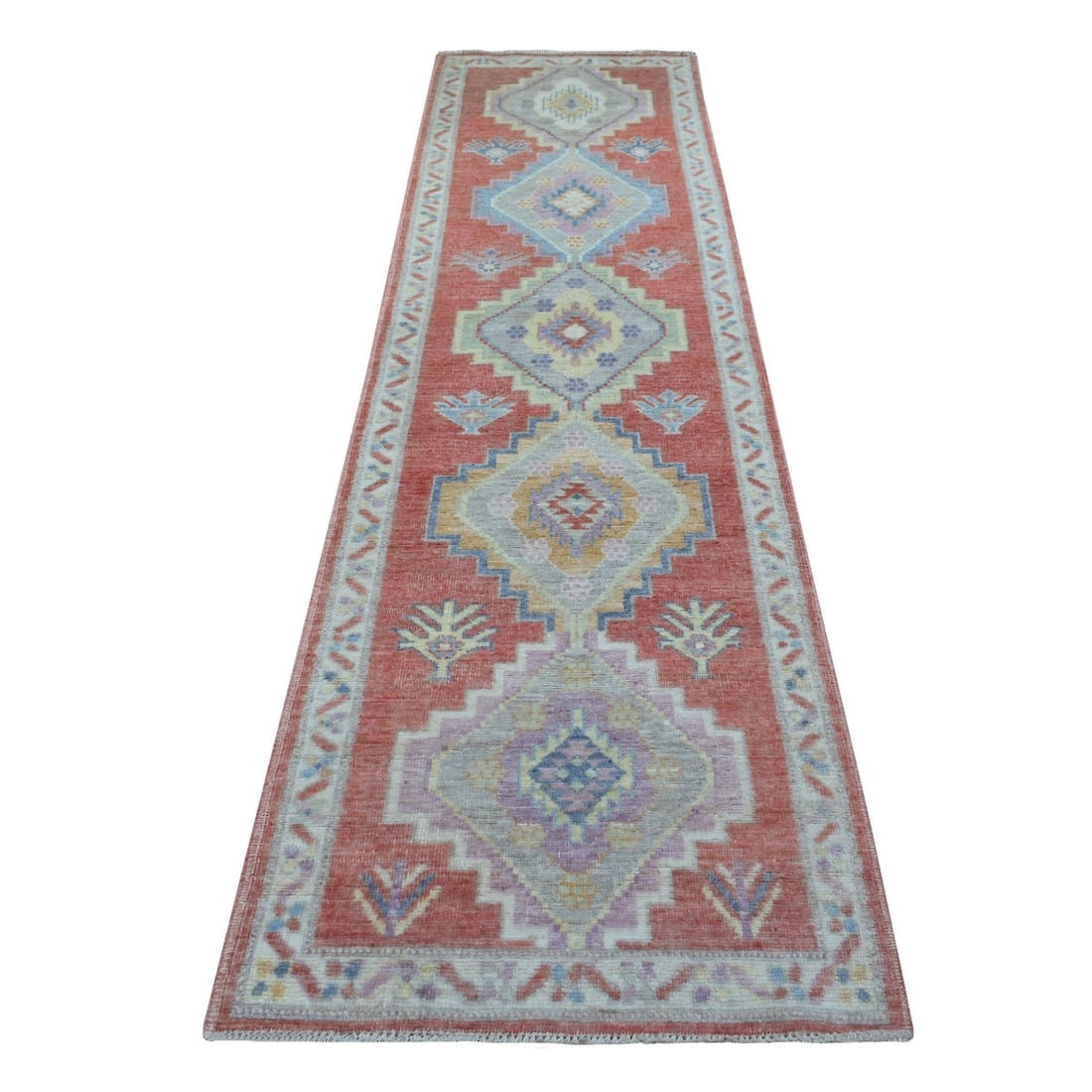 Coral Pink Soft Wool Hand Knotted Angora Oushak Oriental Runner Rug: Title: Coral Pink Soft Wool Hand Knotted Angora Oushak Oriental Runner RugDescription: This is a truly genuine one-of-a-kind. It has been Knotted for months and months in the centuries-old weaving