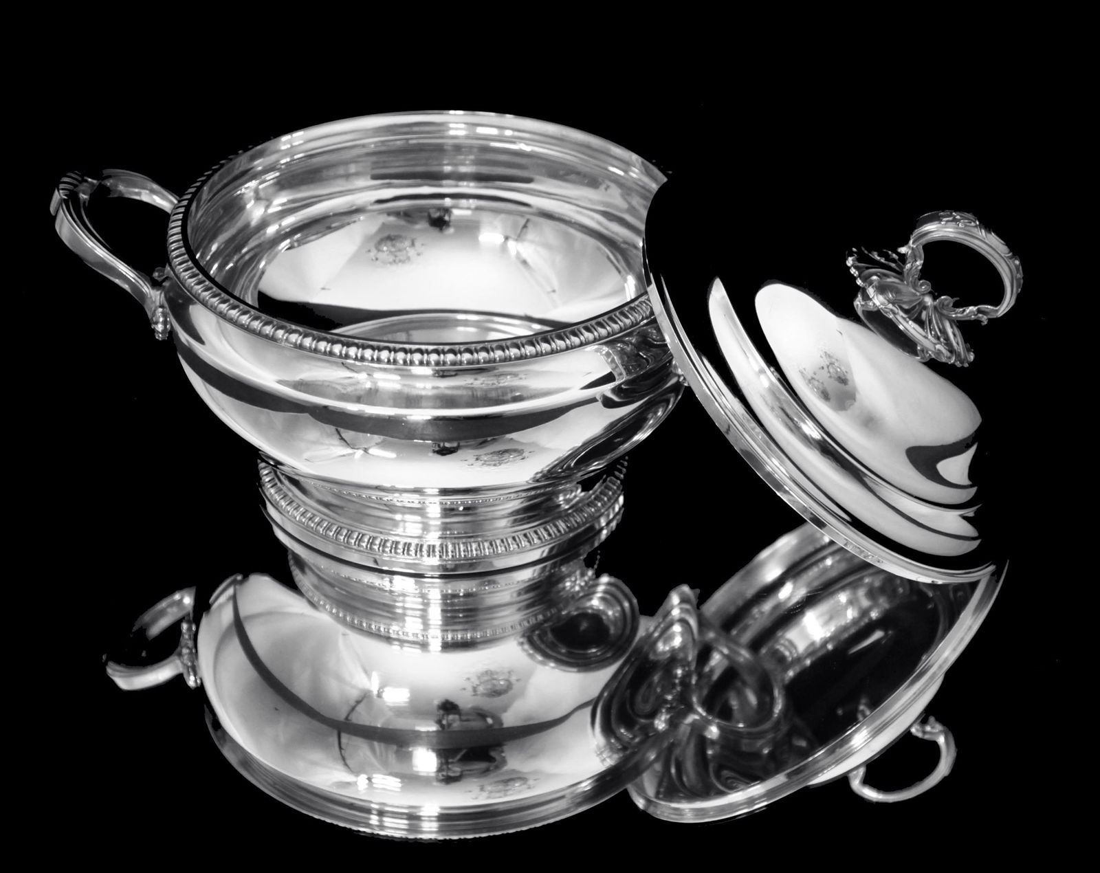 Henin - 2pc. Louis XVI Covered 950 Sterling Silver Vegetable Server / Tureen - Like New ! - 3