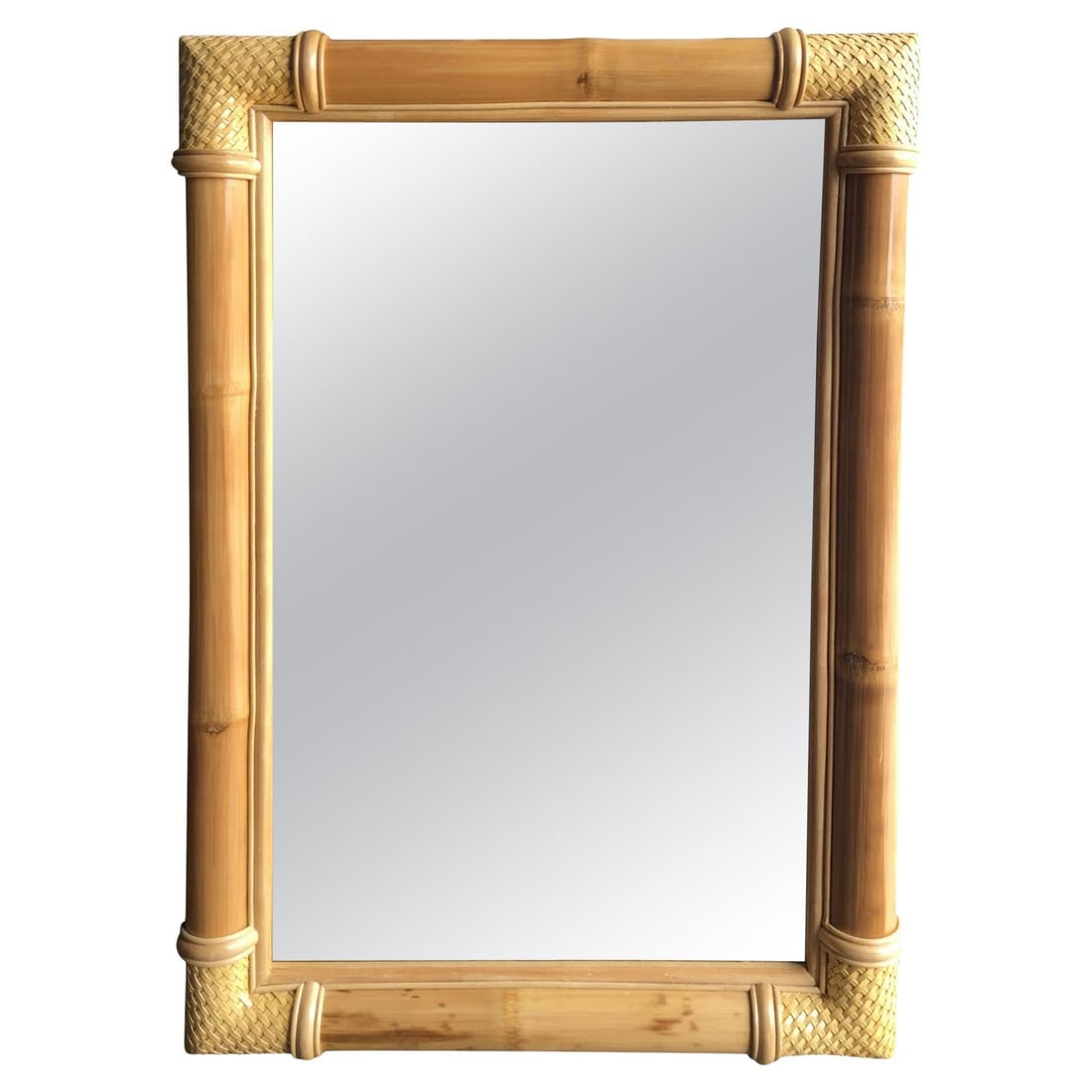 Restored Extra Large Single-Strand Rattan Mirror with Fancy Wrappings: Title: Restored Extra Large Single-Strand Rattan Mirror with Fancy Wrappings Description: Rare 1950s large single-strand rattan mirror with stick rattan border and woven wicker edges. Measurements: 48