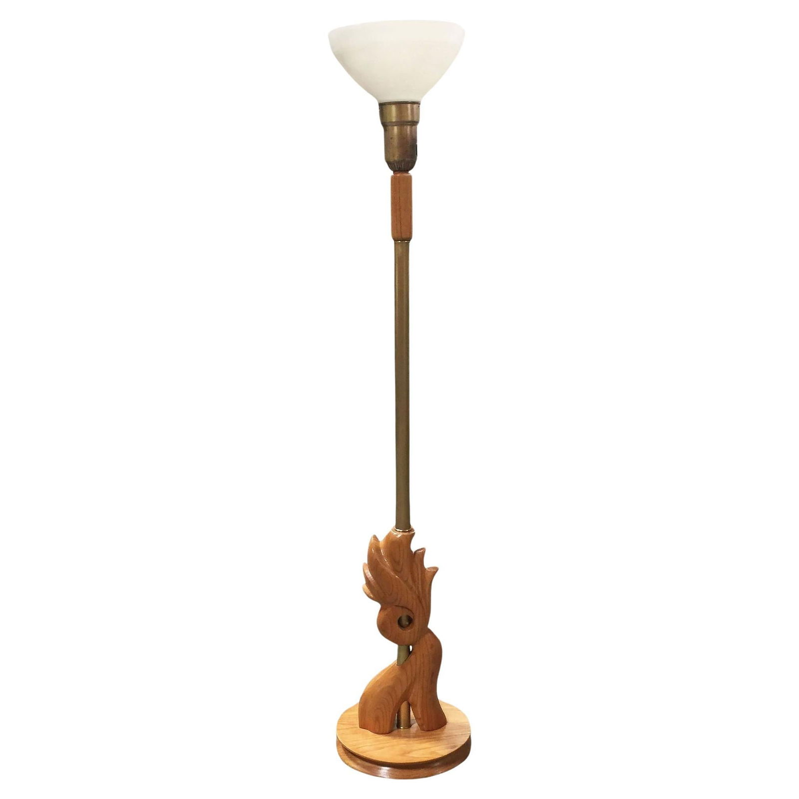 Heifetz Style Hand Carved Torchère Floor Lamp: Title: Heifetz Style Hand Carved Torchère Floor Lamp Description: Heifetz style Mid-century hand carved wood torchère floor lamp pair with milk glass shades and brass accents. Reserve: $1,30