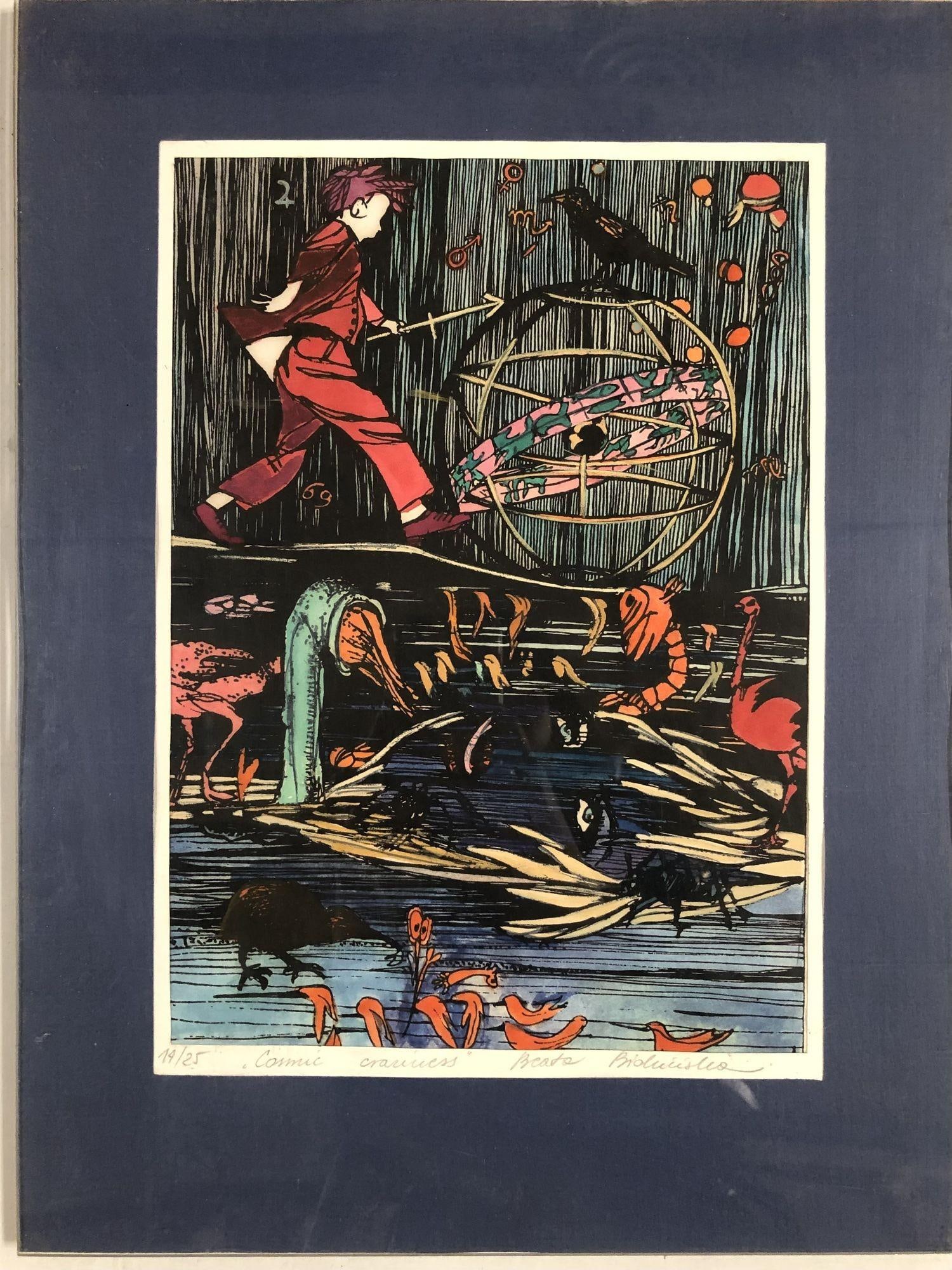 Hand-colored Abstract Block Prints in acrylic Frame by Beato P. Set of 4 - 8