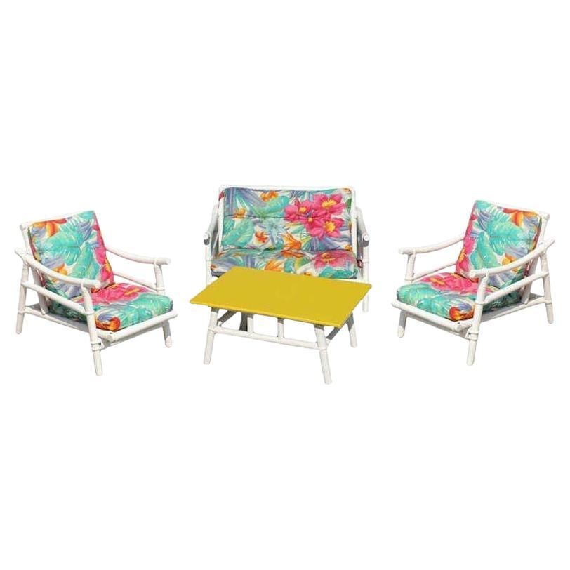 Ficks Reed Restored Vintage Complete Rattan Children's Living-Room Set: Title: Ficks Reed Restored Vintage Complete Rattan Children's Living-Room Set Description: Here is a complete child's rattan living-room set complete with loveseat, two armchairs, and coffee table.