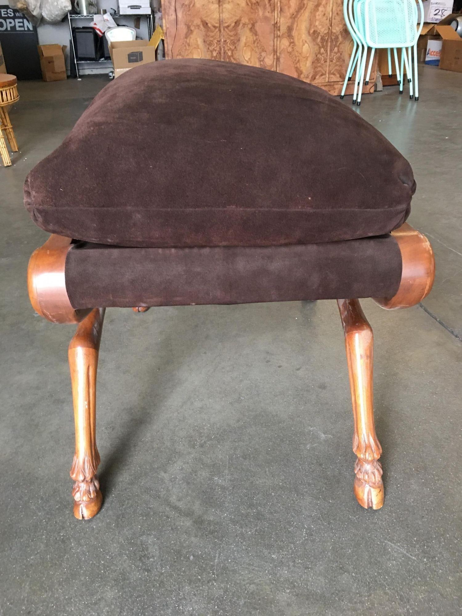 Neoclassic Style Walnut Stool with Brown Velvet Top - 9