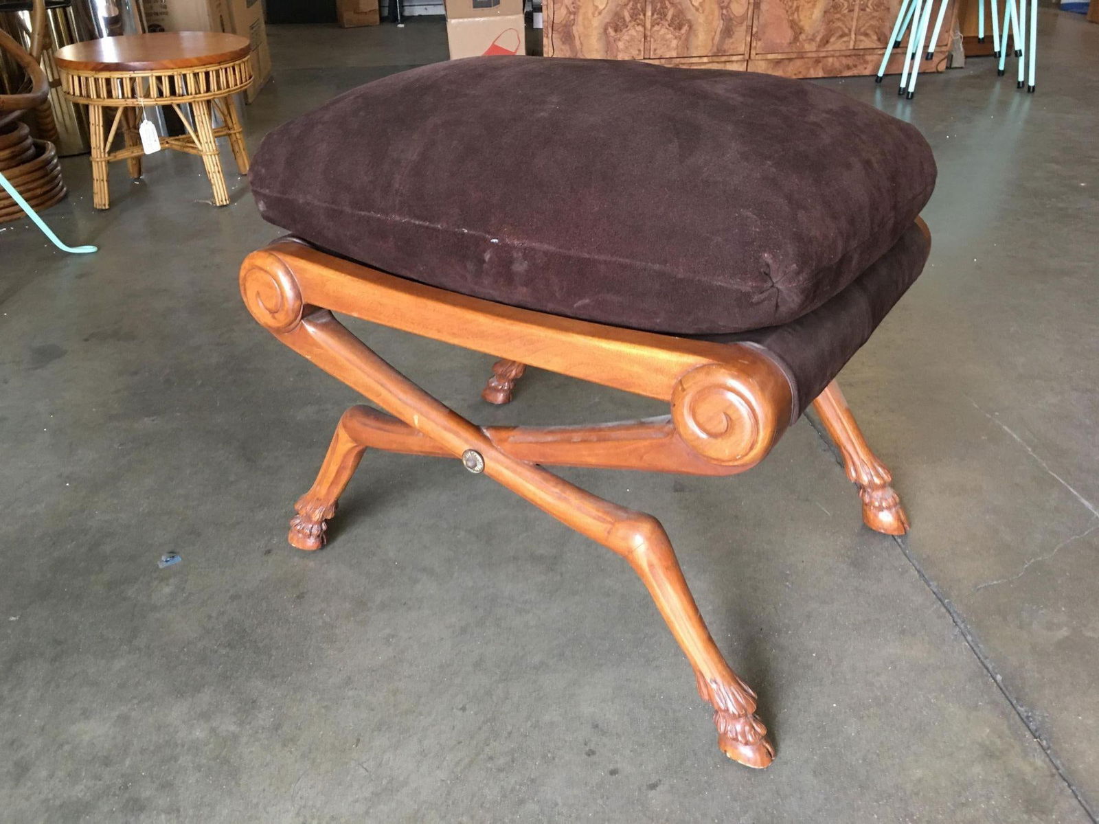 Neoclassic Style Walnut Stool with Brown Velvet Top - 16