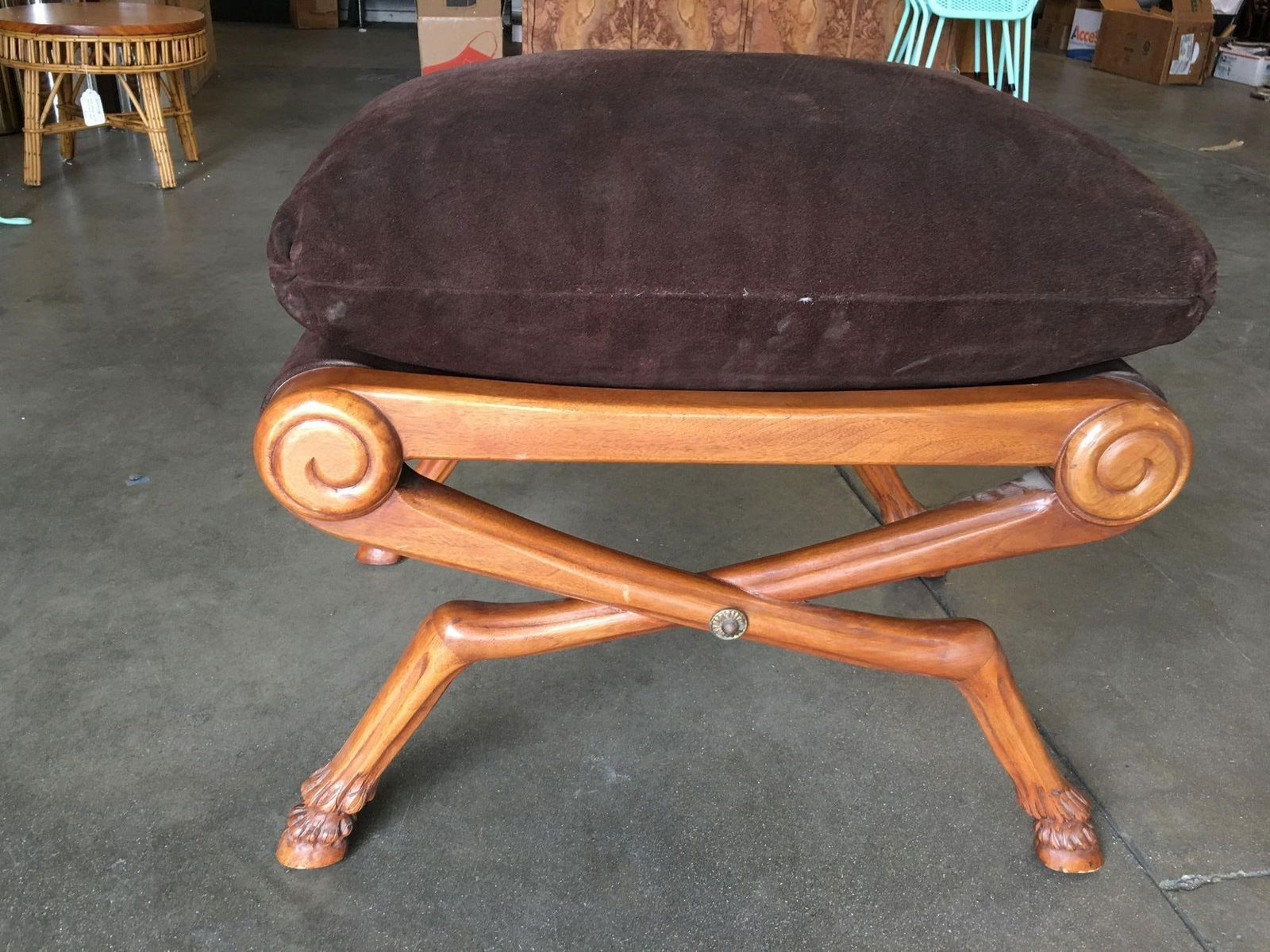 Neoclassic Style Walnut Stool with Brown Velvet Top - 19