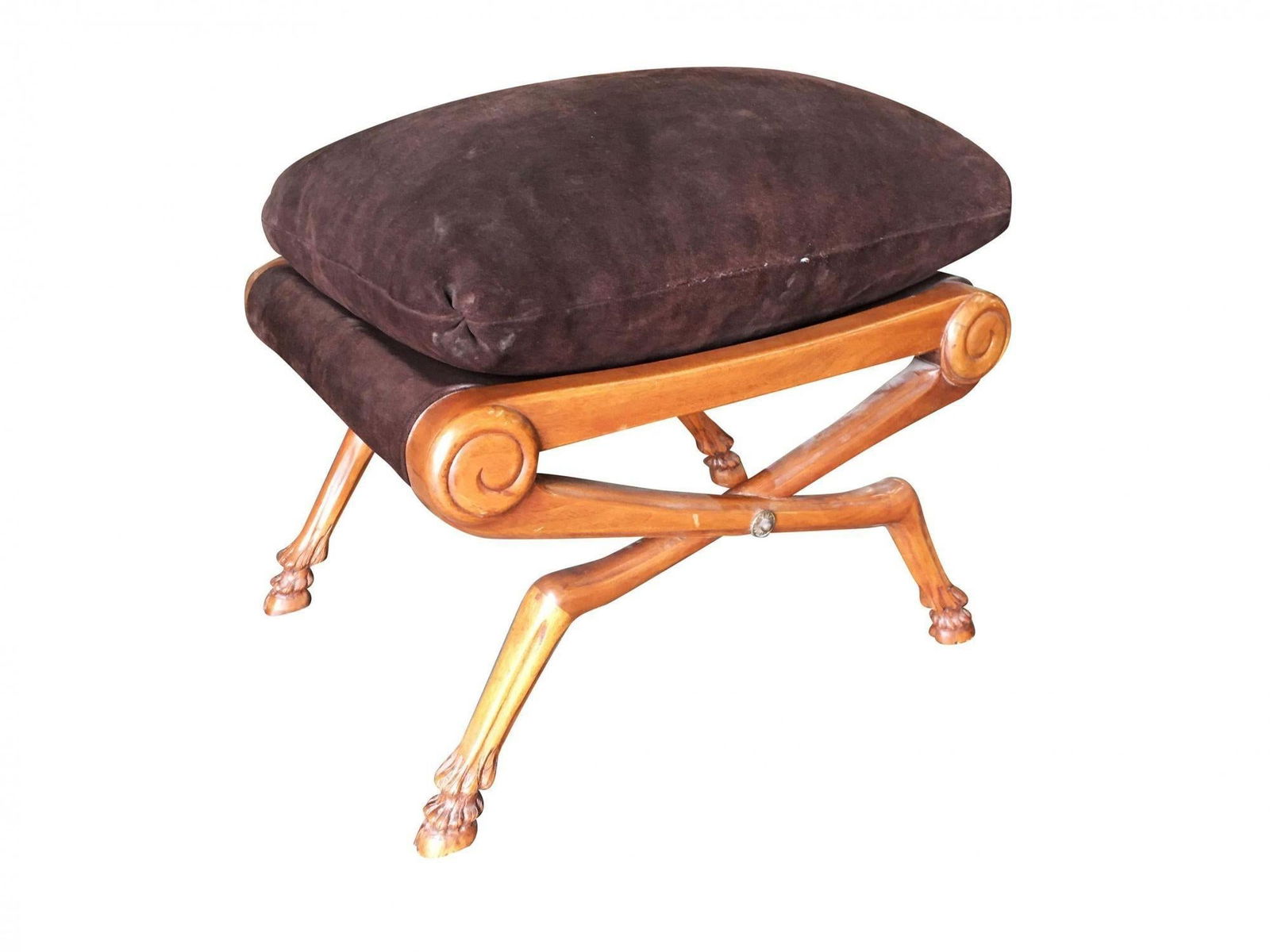 Neoclassic Style Walnut Stool with Brown Velvet Top - 5