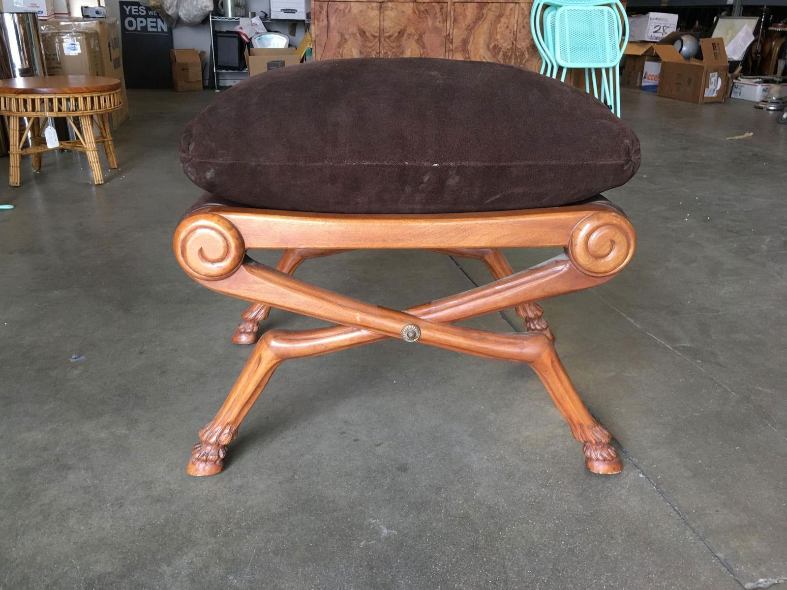 Neoclassic Style Walnut Stool with Brown Velvet Top - 7
