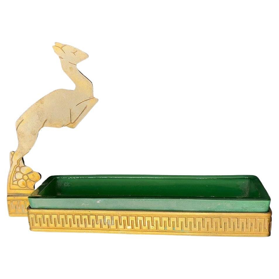 Art Deco Brass & Green Glass Leaping Gazelle Ring Tray - 2